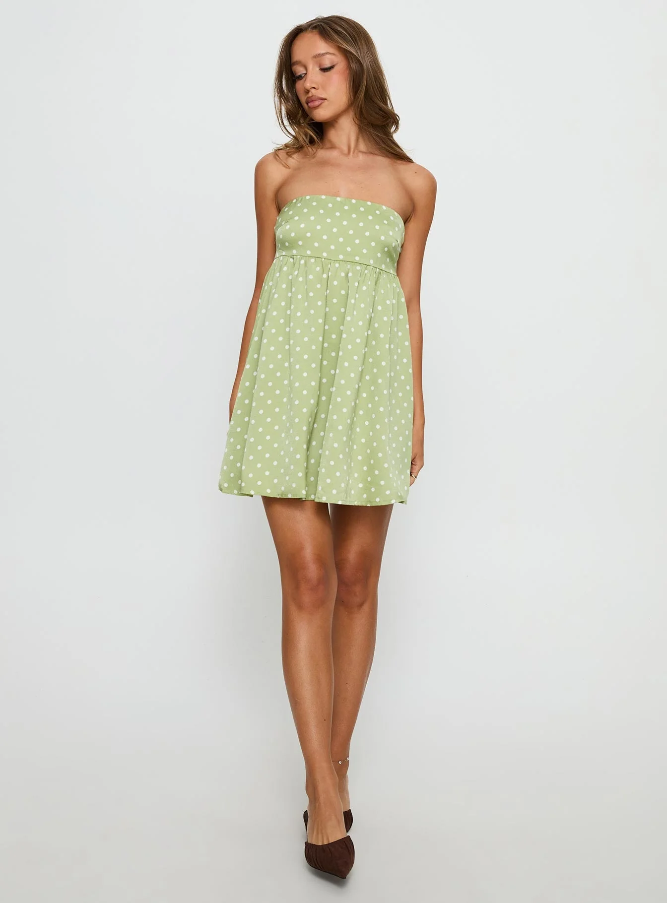 Follow the Dream Strapless Mini Dress Green Polka Dot