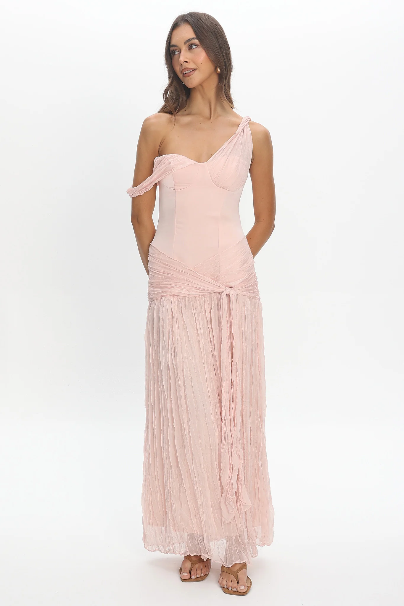 Keia Crepe Chiffon One-Shoulder Maxi Dress Light Pink - luluinthesky
