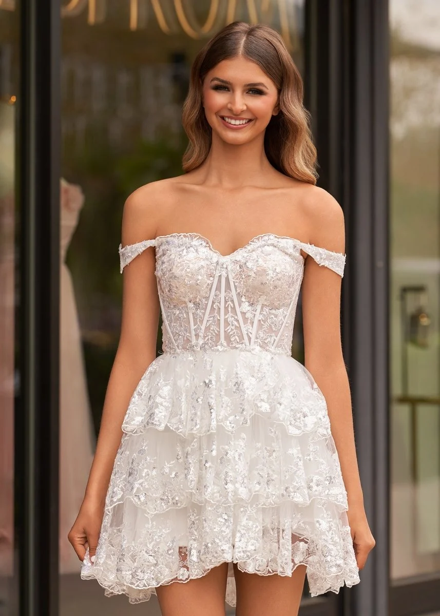 Home Try On - A-Line Sweetheart Tiered Short Homecoming Dresses