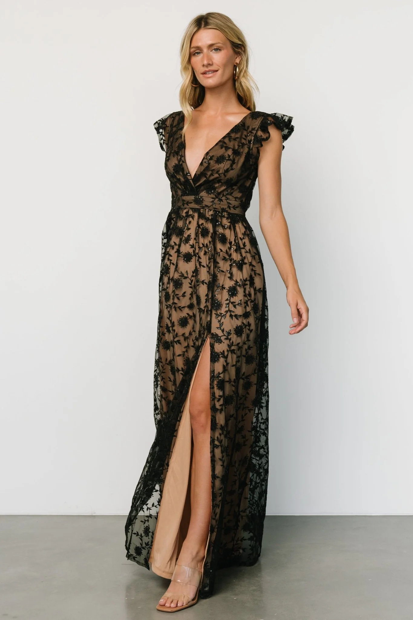 Alexa Embroidered Sequin Maxi Dress | Black + Nude - luluinthesky