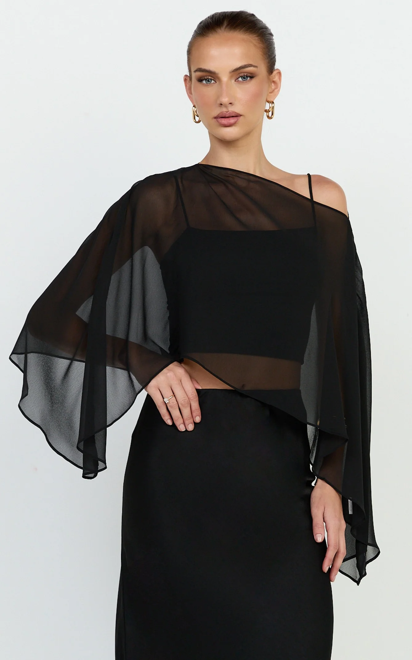 Aya Top - Sheer Off Shoulder Cape Top in Black