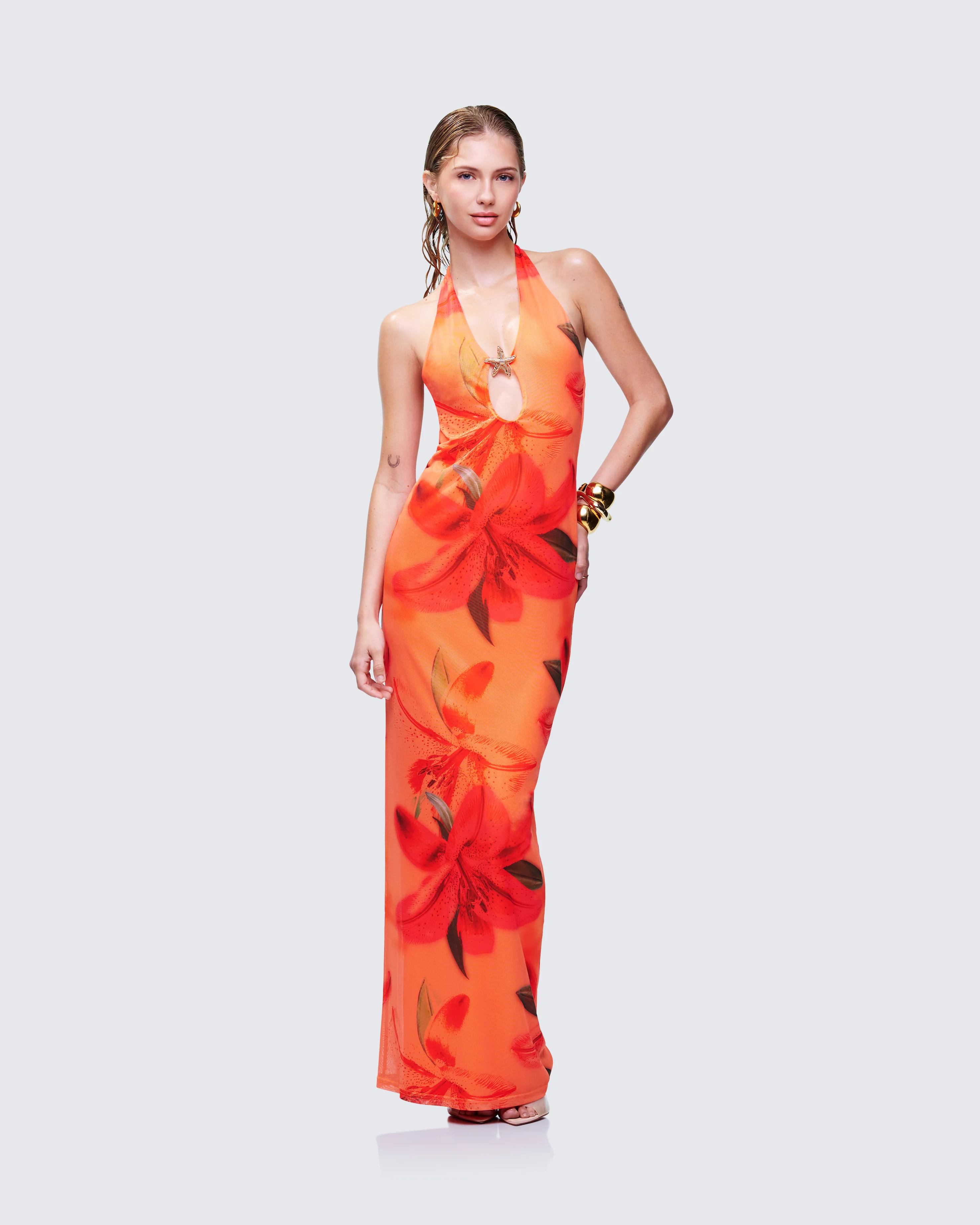 Evana Multi Printed Mesh Maxi Dress