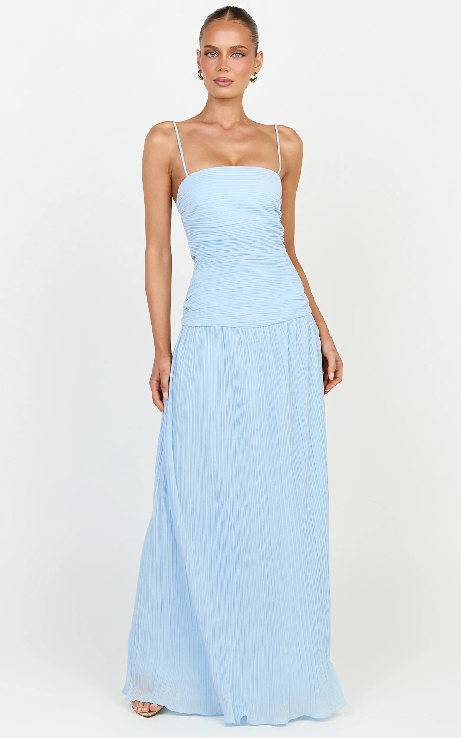 Ashlee Maxi Dress - Strapless Plisse Dropped Waist Split Leg Dress in Light Blue