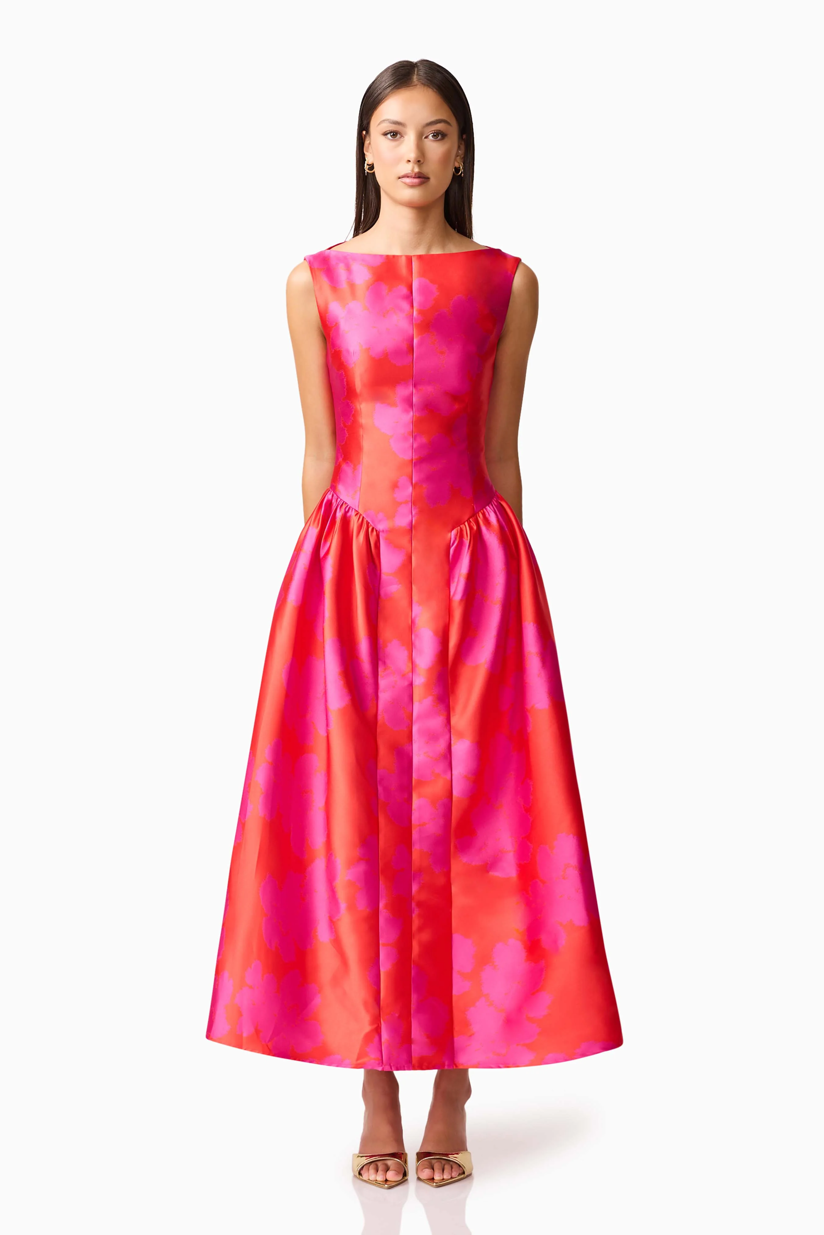 Eloise A-Line Midi Dress in Pink & Red