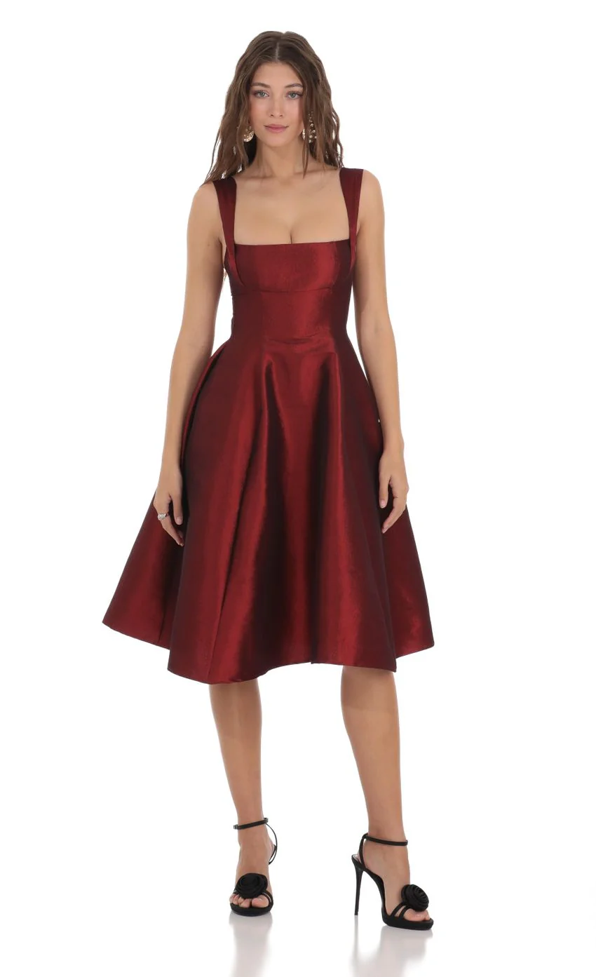 Square Neck Flare Midi Dress in Maroon - luluinthesky