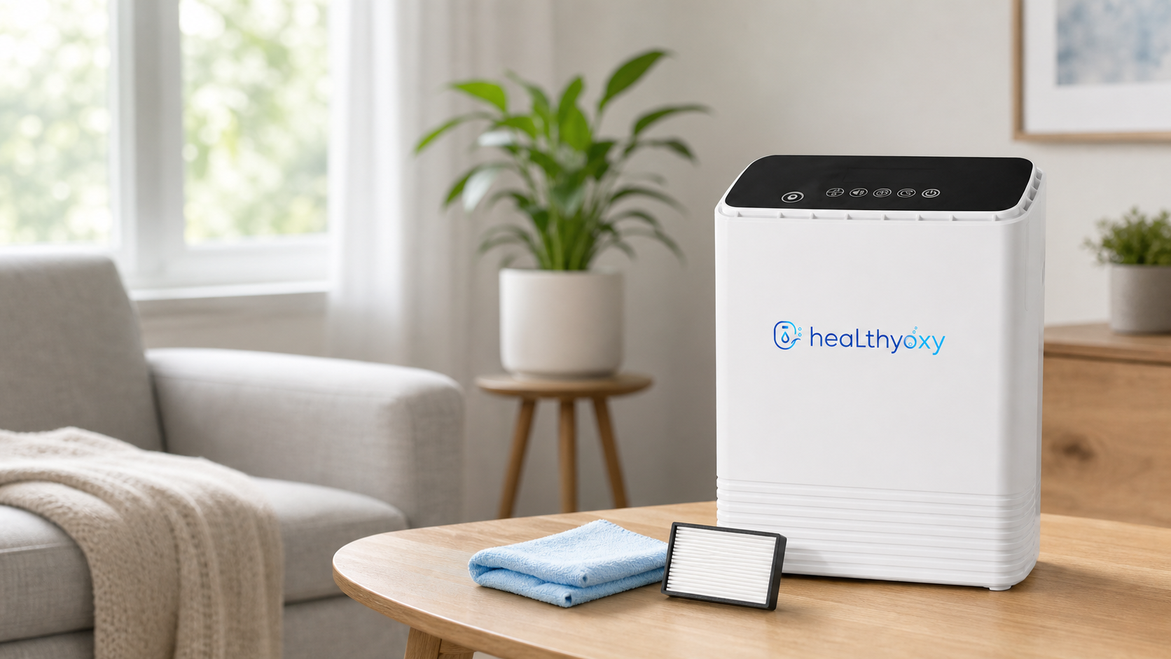 Portable oxygen concentrator with a clean cloth and removable filter in a bright home