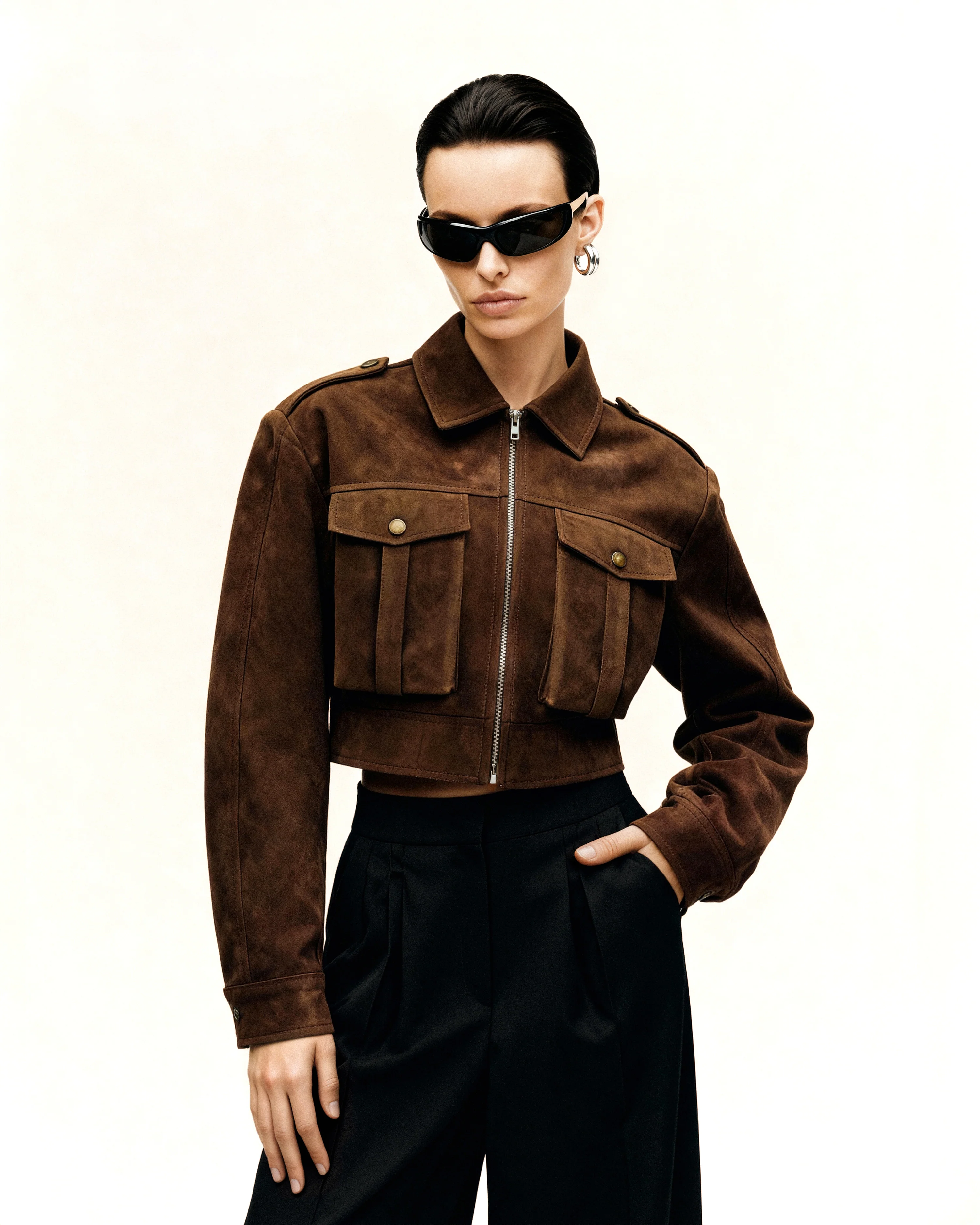 Adeline  Faux Suede Jacket - Brown