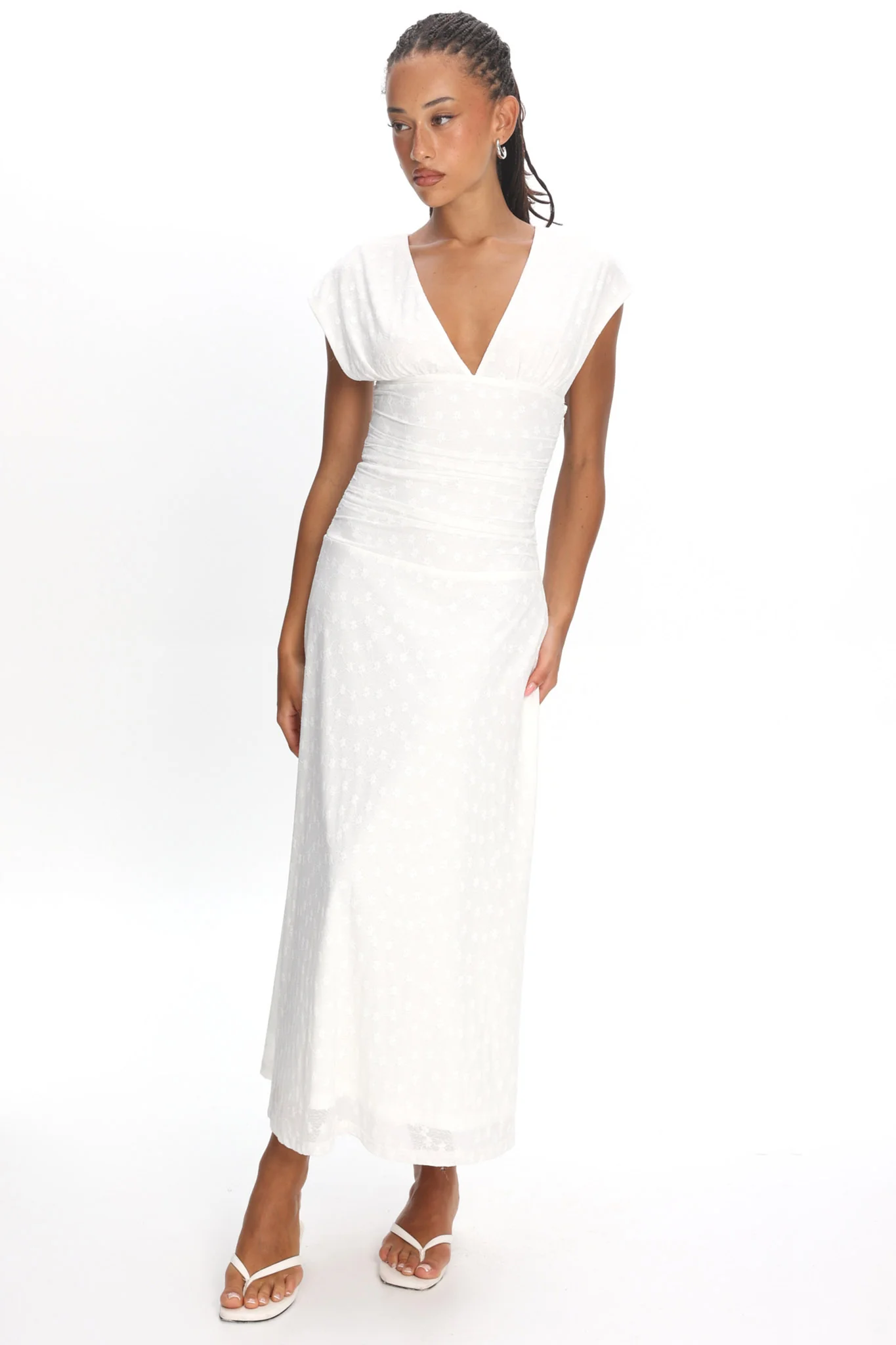 Novia Ruched Bodice Maxi Dress Embroidered Off White