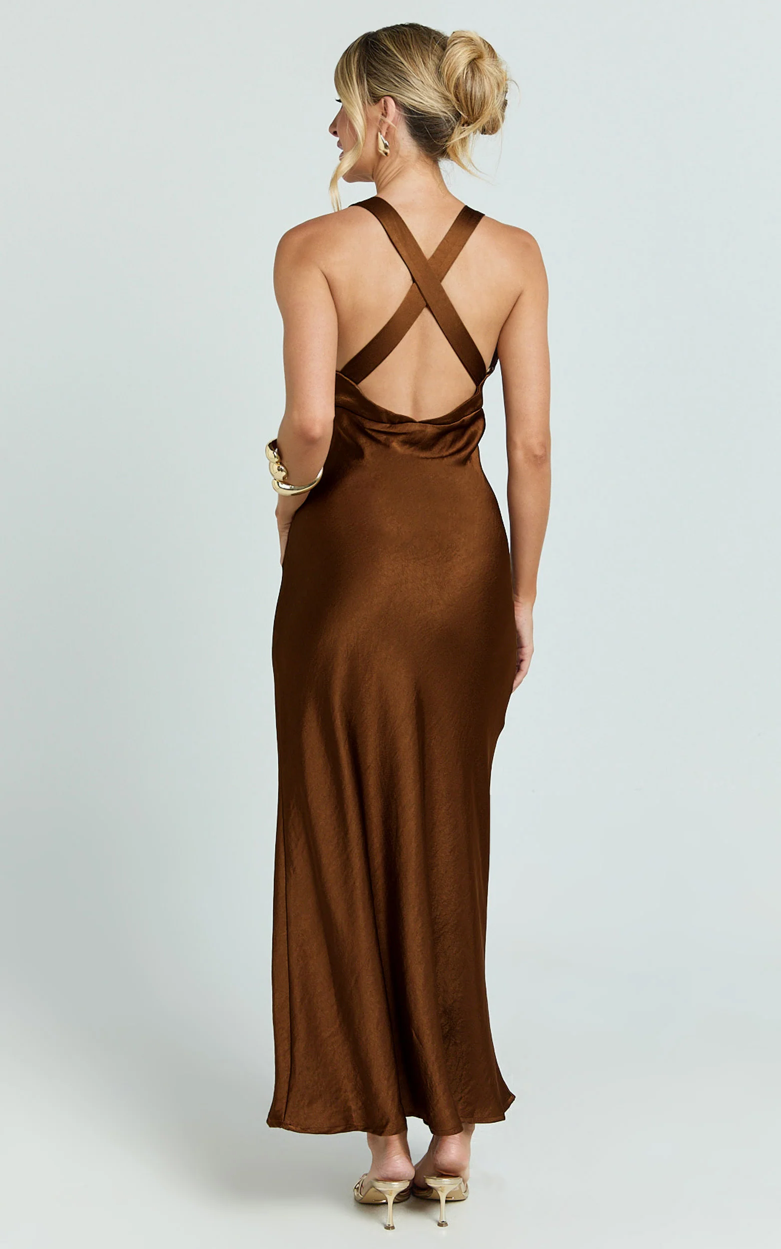Khalani Midi Dress - Deep V Neck Satin Slip Dress in Chocolate