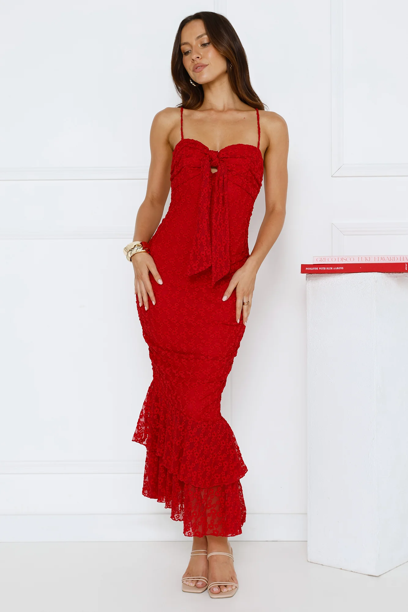Frosted Rose Mesh Midi Dress Red