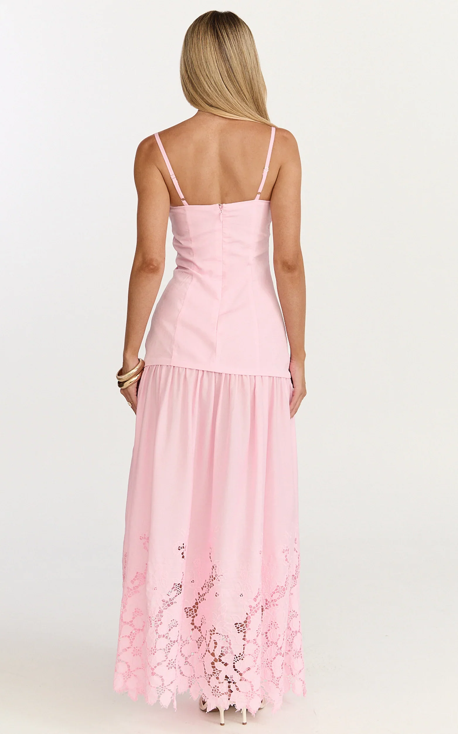 Everly Maxi Dress - Straight Neck Broderie Cut Out Hem Dress in Pink