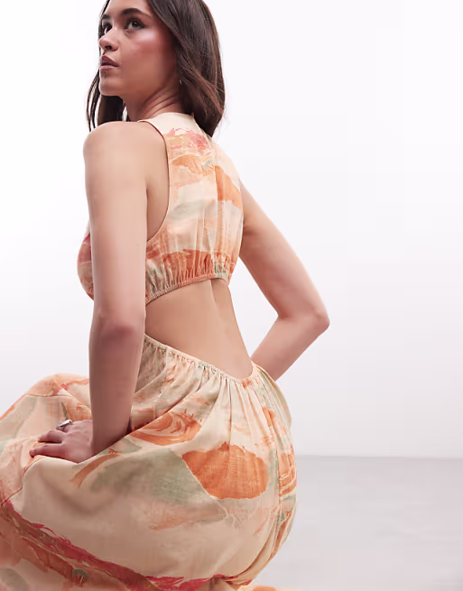 waisted cotton midaxi dress in sunset print