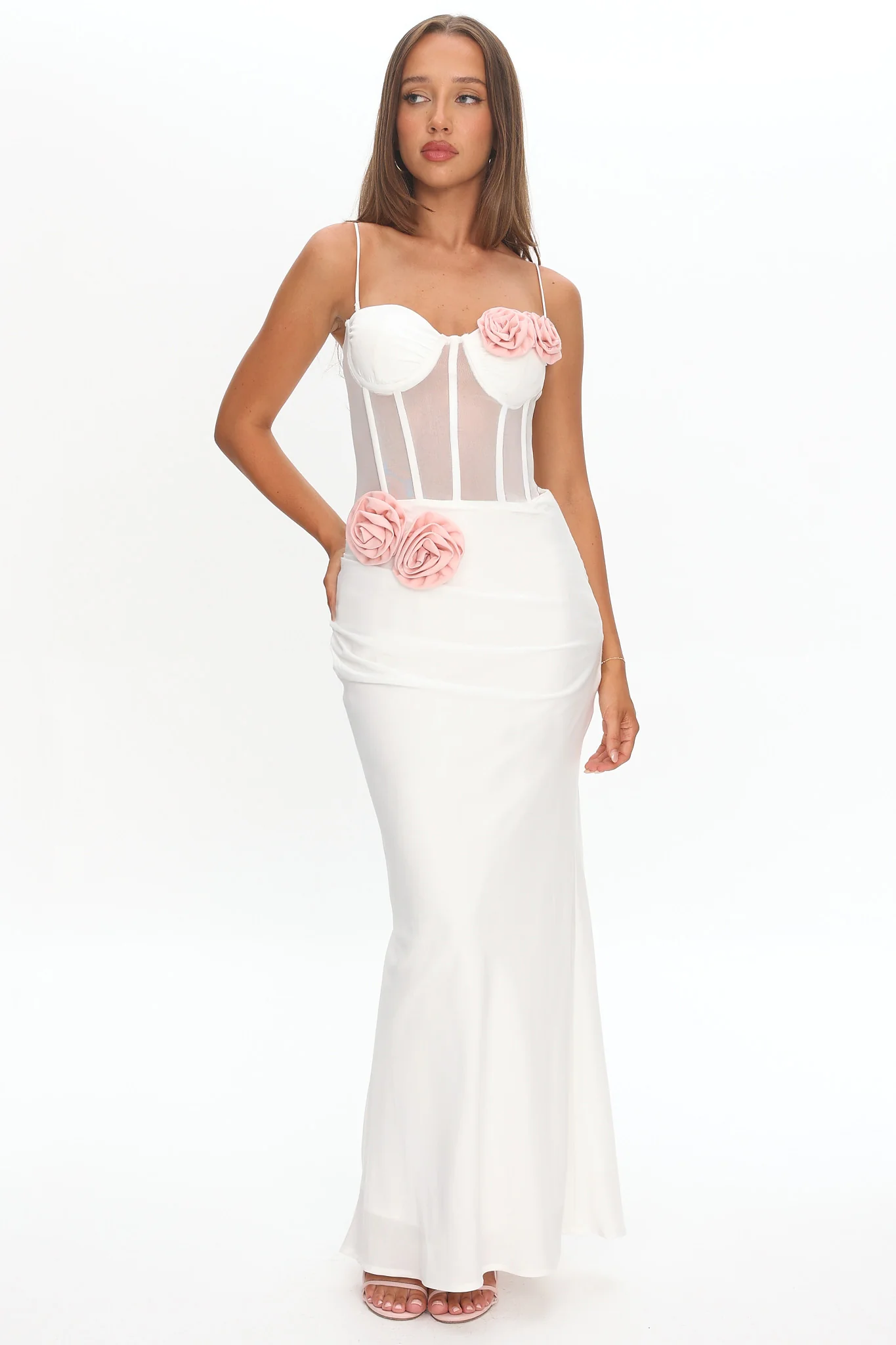 Ismera Sheer Bodice Rosette Maxi Dress White - luluinthesky