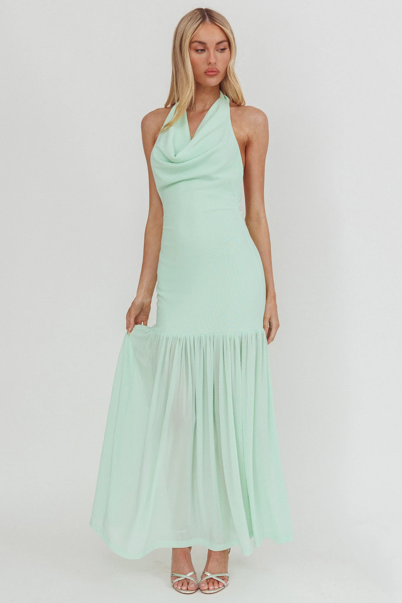 Kailyn Cowl Neck Sheer Hem Maxi Dress Mint