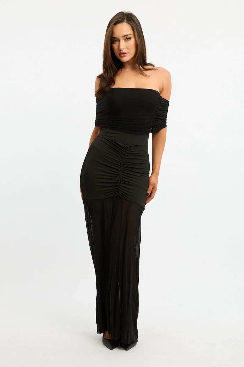 Black Off Shoulder Maxi Dress Mesh