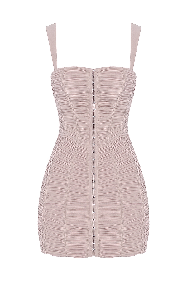 Crystal Ruched Mesh Mini Dress