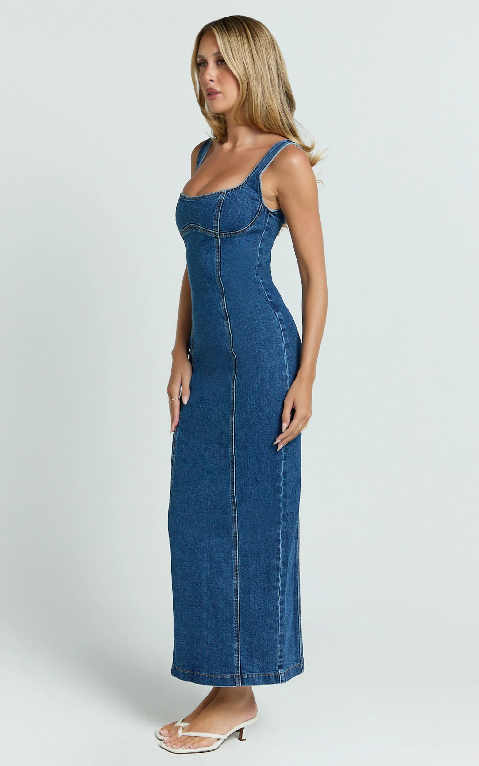 Kristie Maxi Dress - Wide Neck Corset Detail Denim Dress in Dark Blue Wash