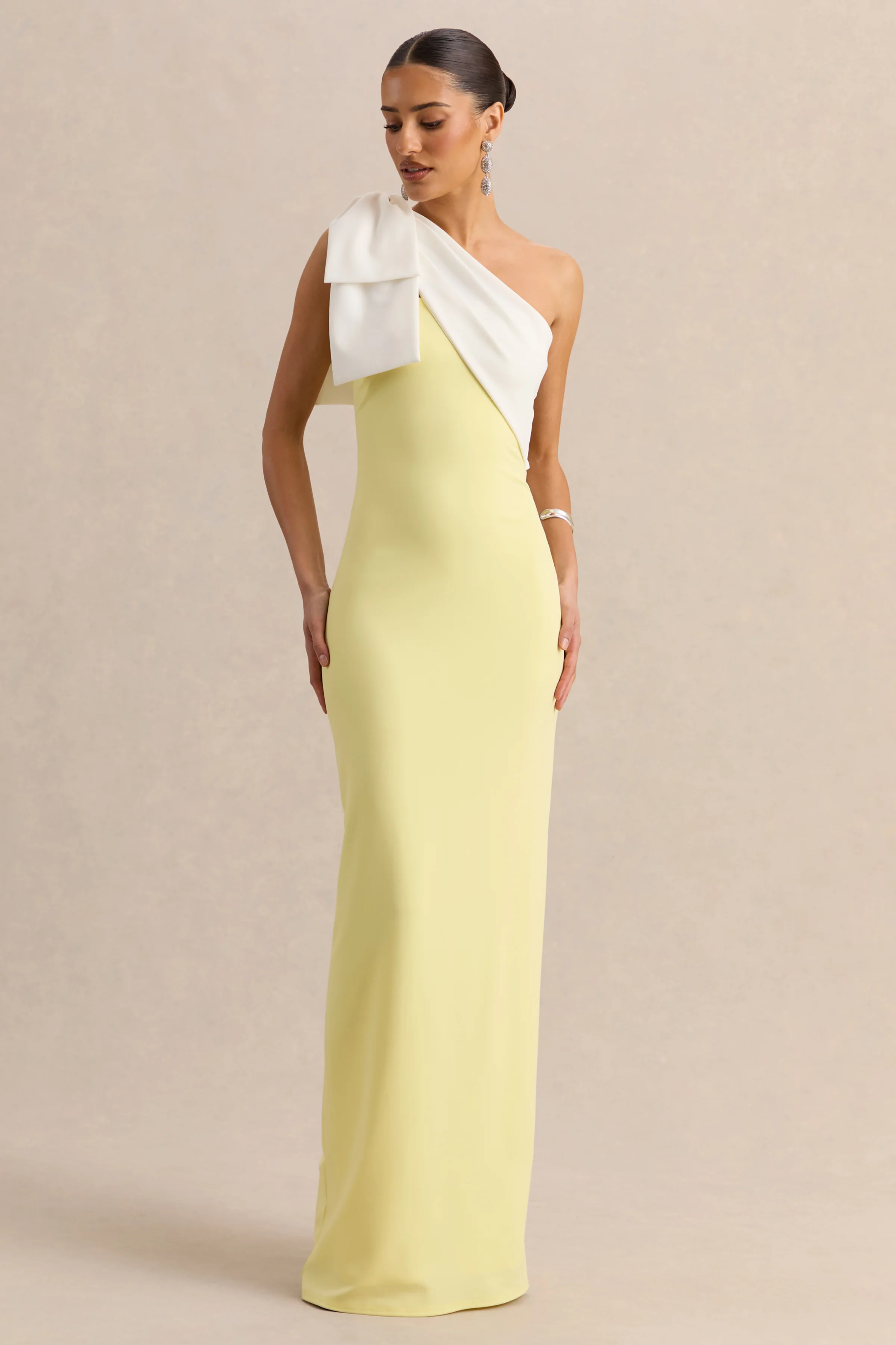 Adara | Lemon & White Asymmetric-Neck Maxi Dress With Bow-Detail