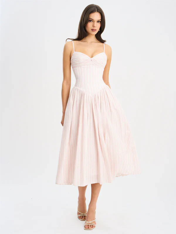 Zania Pink Stripe Ruched Breast Cotton Jacquard Midi Dress