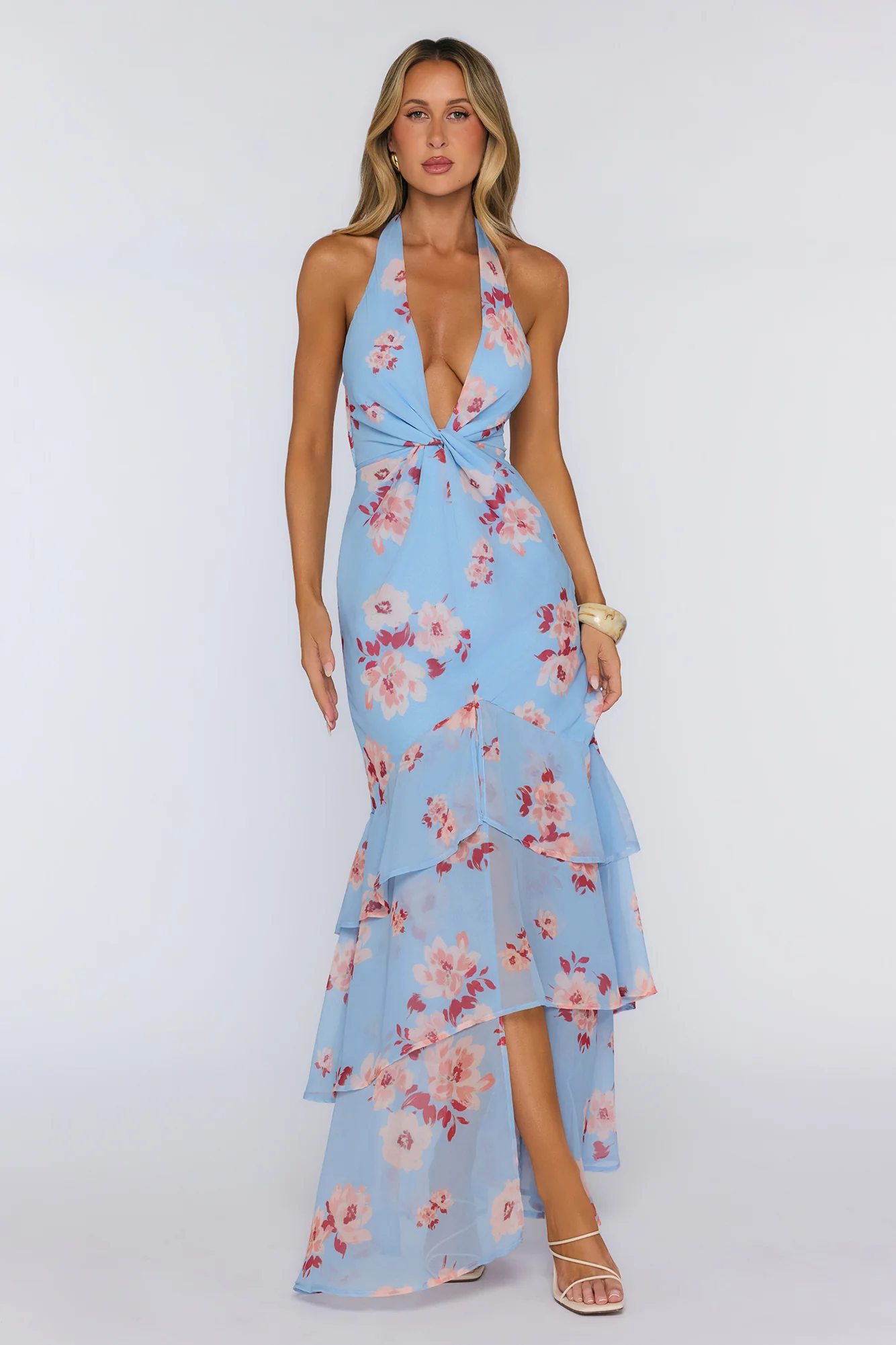 Floral Halter Twist Detail Tiered Maxi Dress Blue