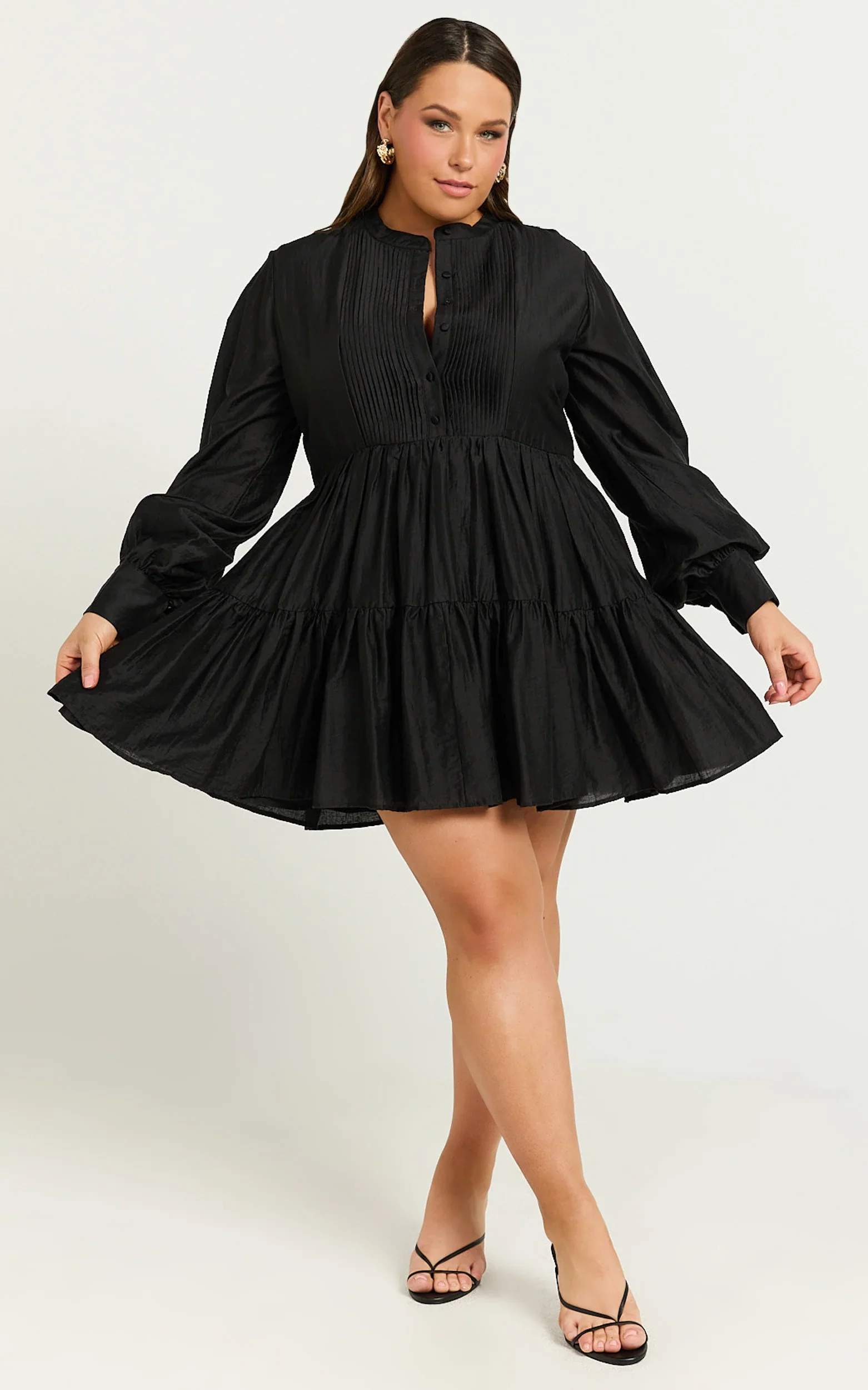 Kyra Mini Dress - Pin Tuck Detail Tiered Shirt Dress in Black
