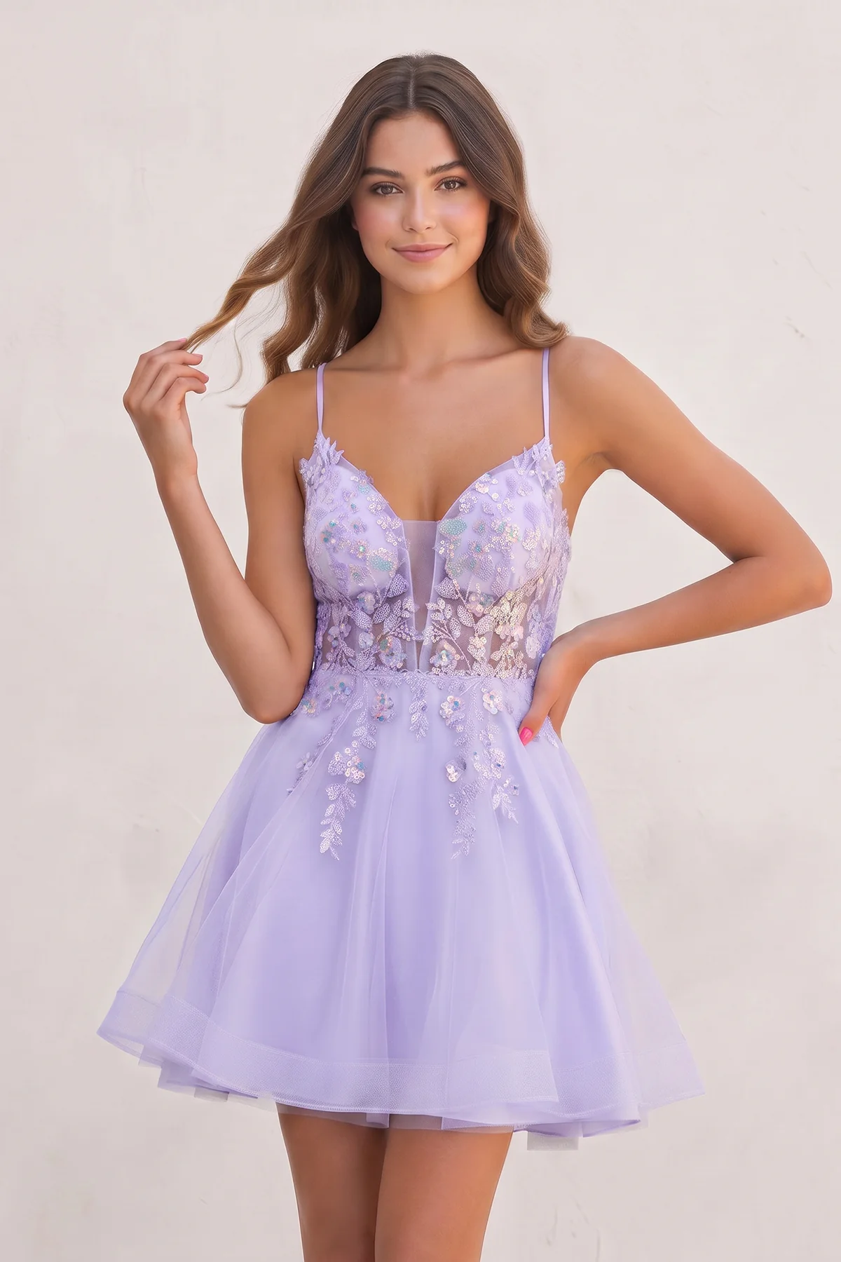Pink - A Line V Neck Tulle Sequined Homecoming Dresses with Appliques