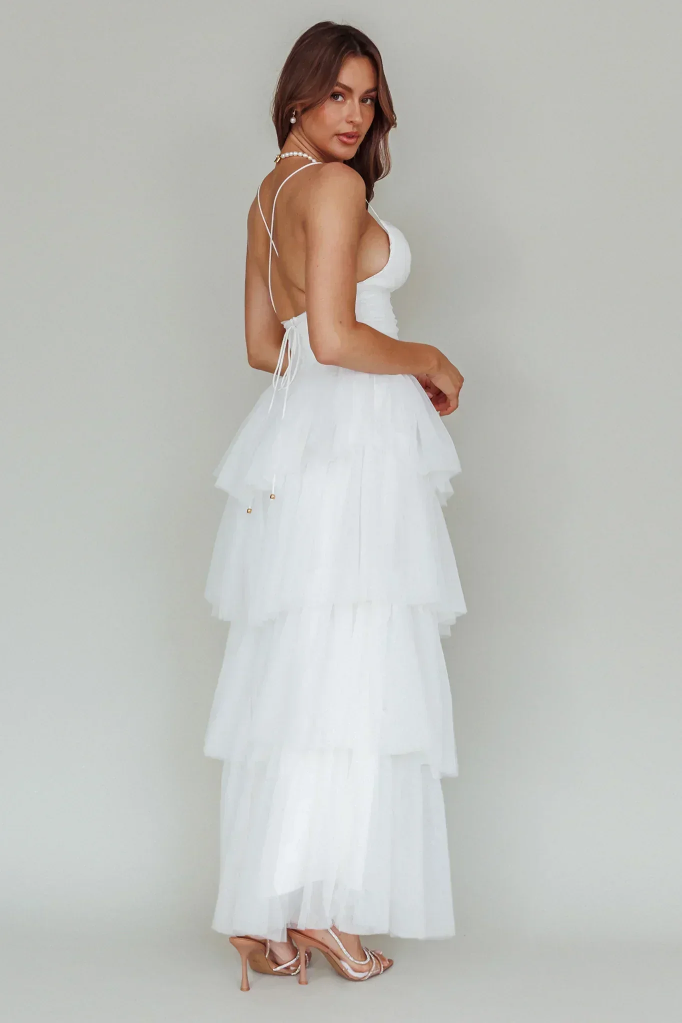 Nightingale Tiered Mesh Maxi Dress White