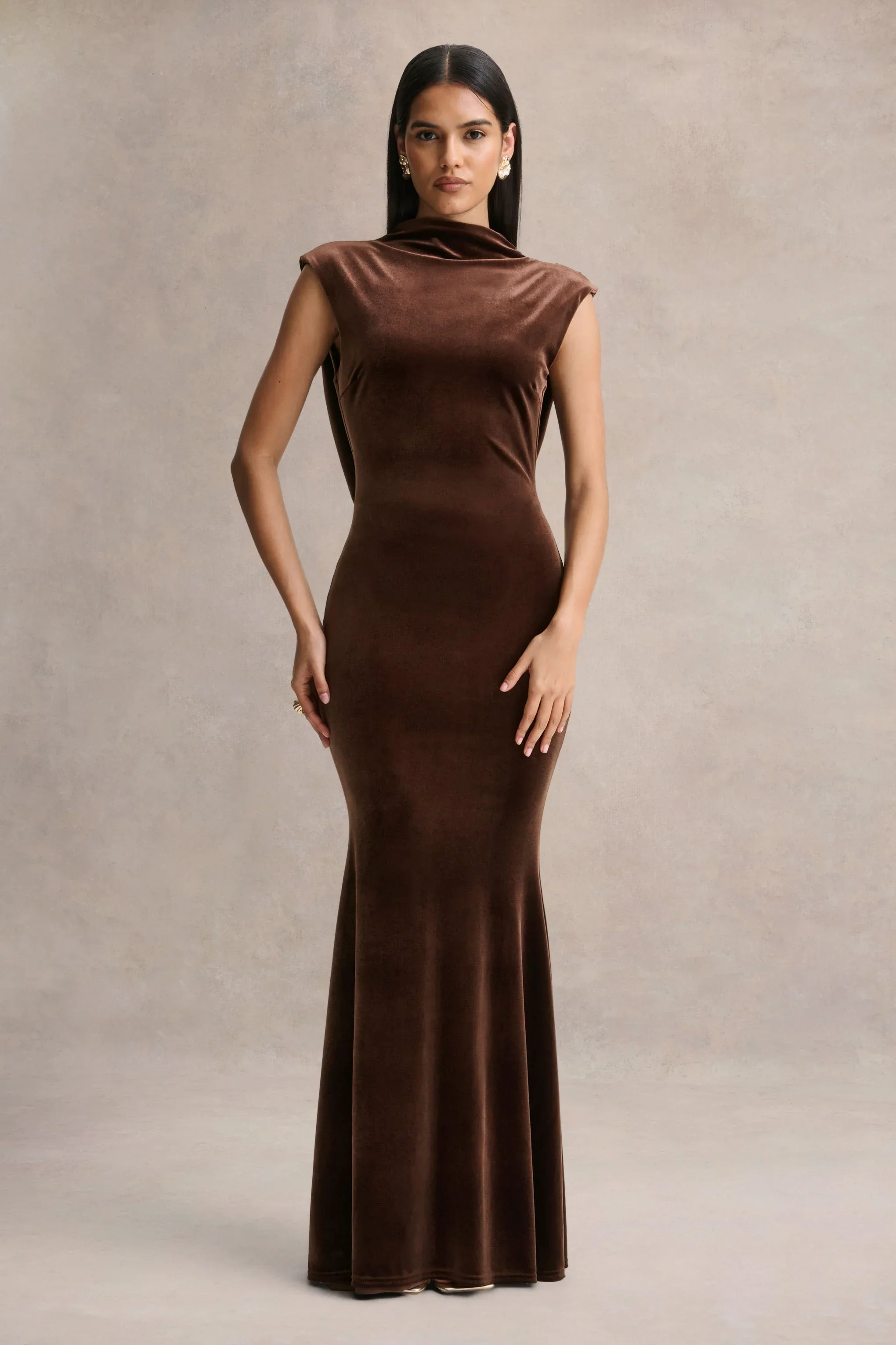 Malora | Brown Velvet High-Neck Maxi Dress With Open-Back