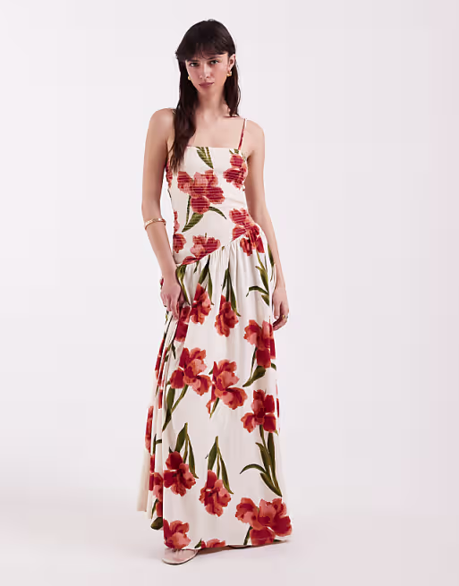 crinkle cami tie back midi dress with asymmetric waist in pink floral print