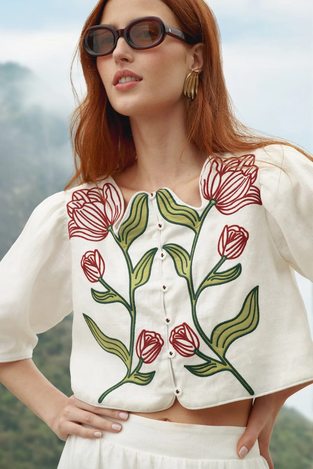 Off-White Flower Embroidered  Crop Top