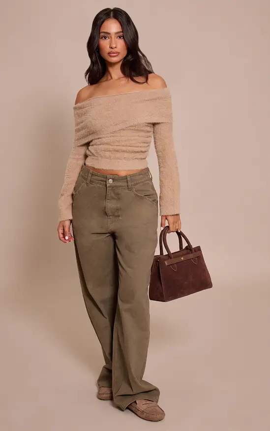 Beige Petite Fluffy Beige Bardot Knitted Jumper