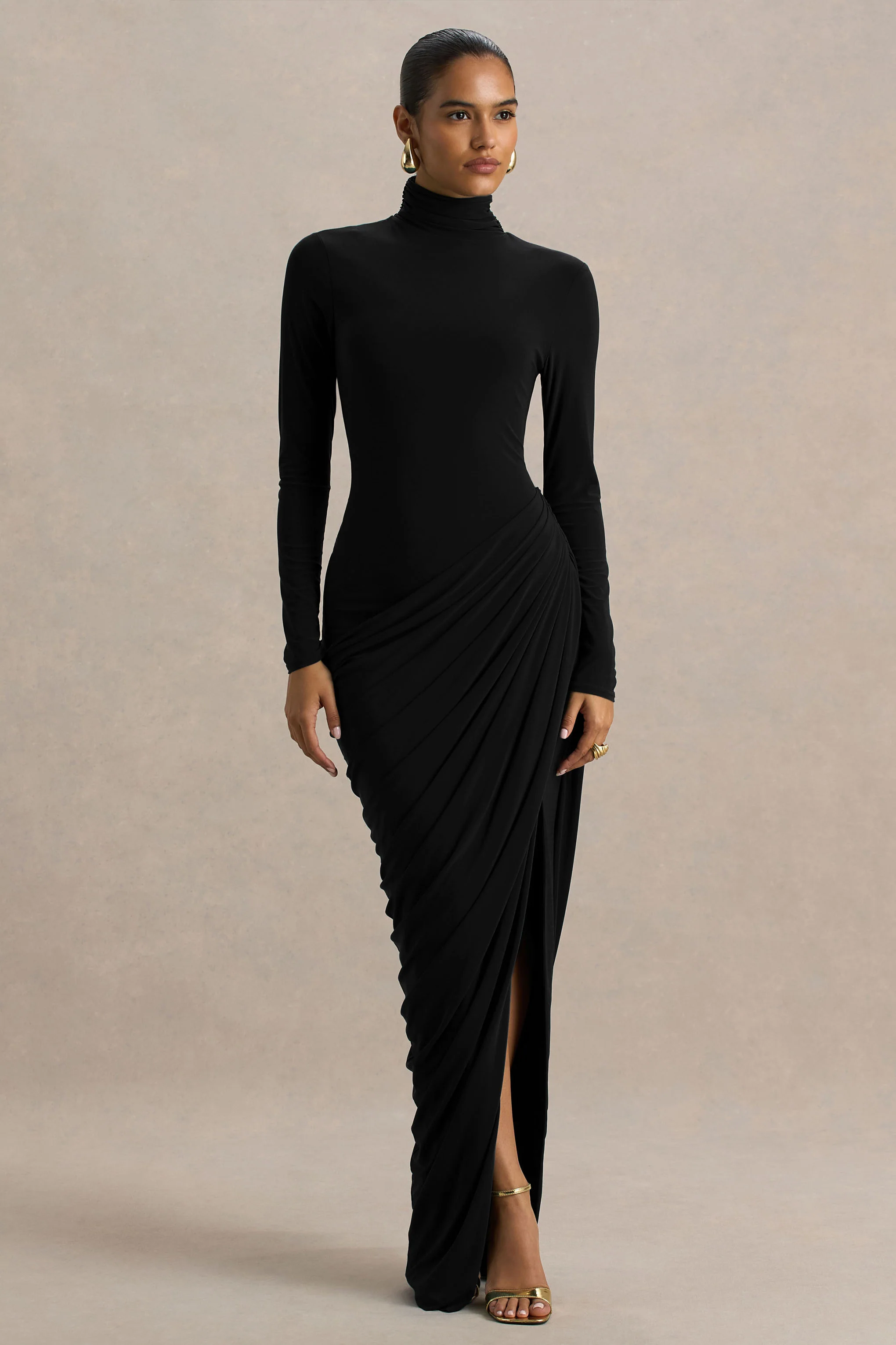 Betsy | Black High-Neck Maxi Dress With Front Split And Ruched Detailing