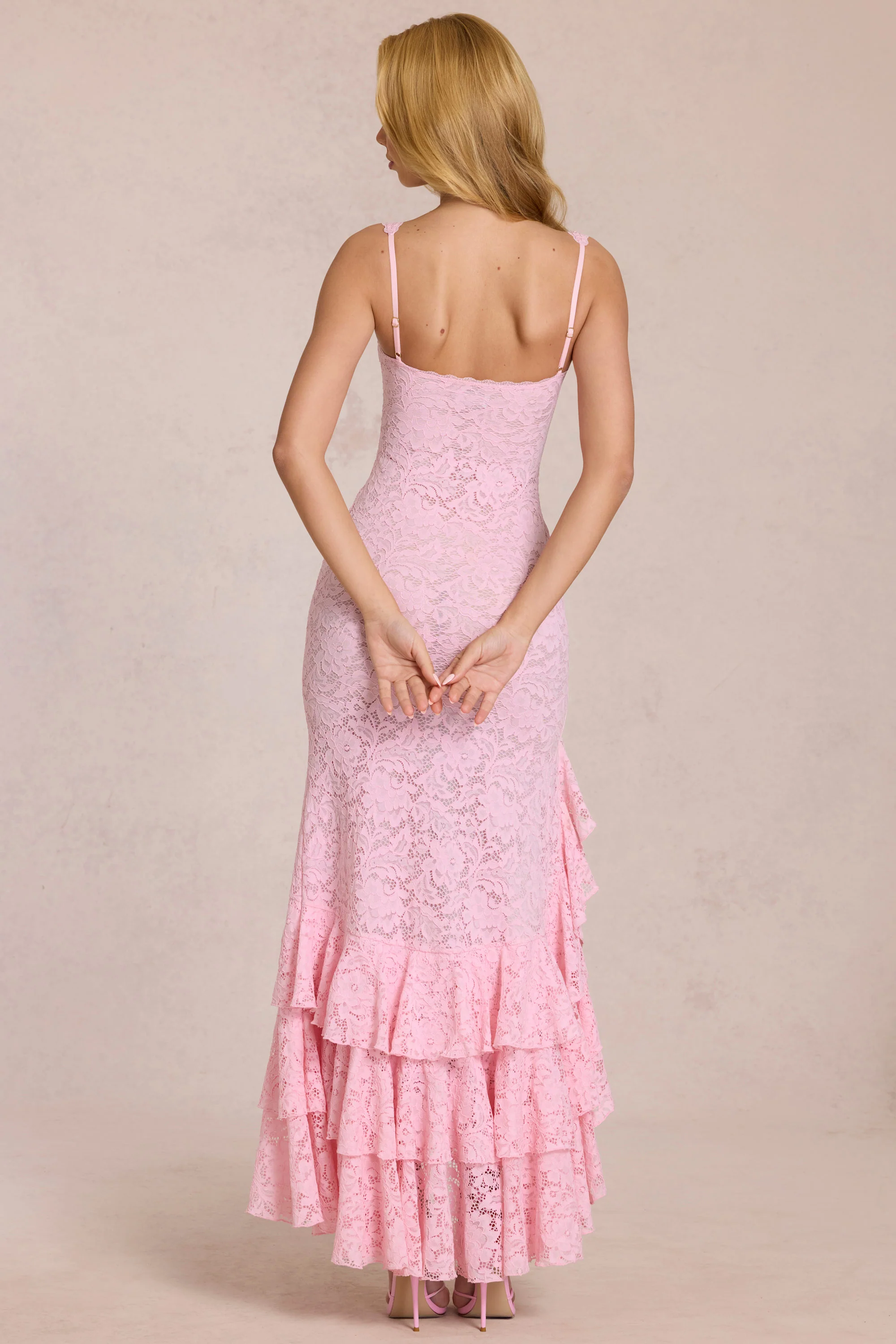 Lace Ruffle Maxi Dress in Blossom Pink
