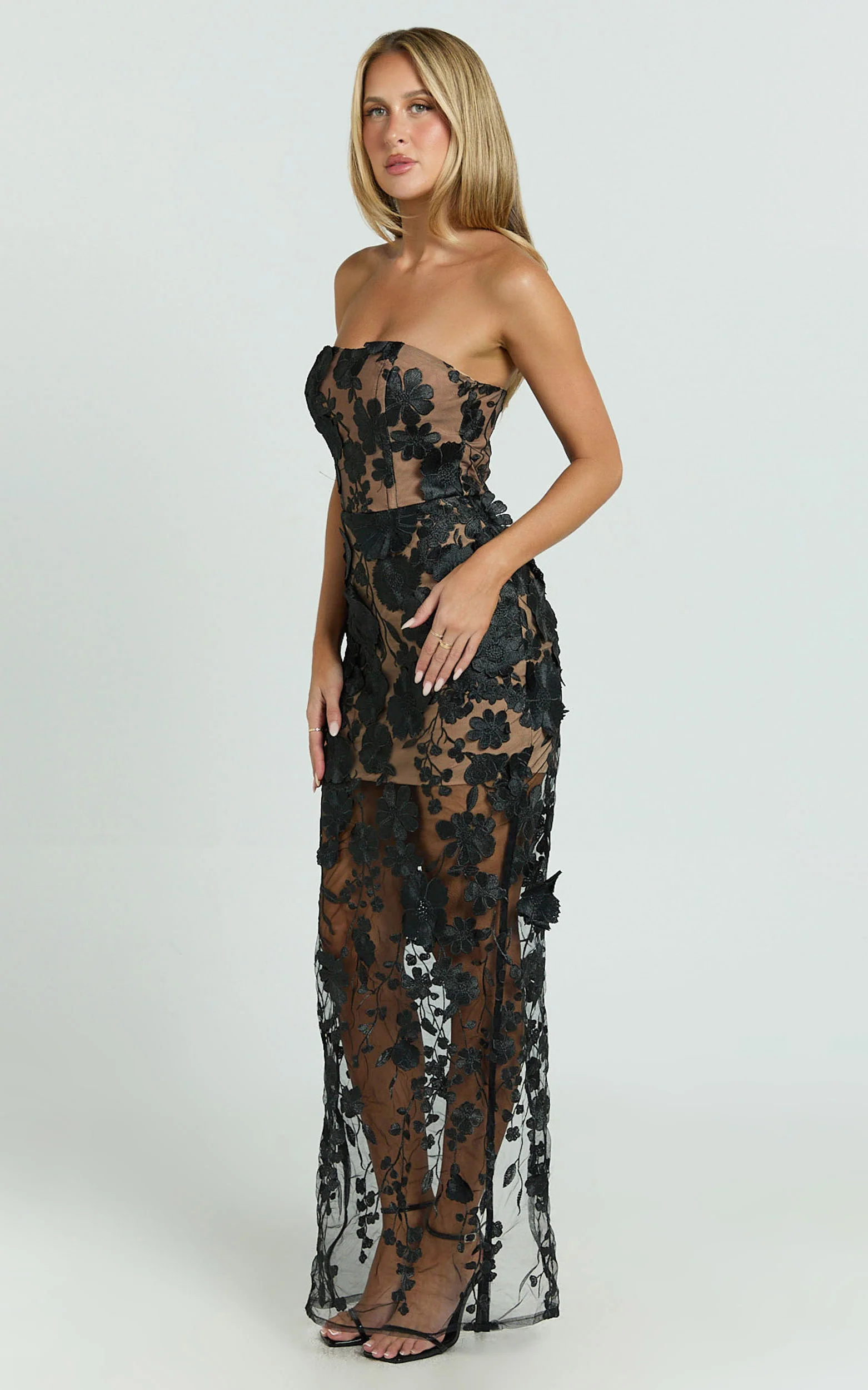 Sienna Maxi Dress - 3D Floral Strapless Column Dress in Black