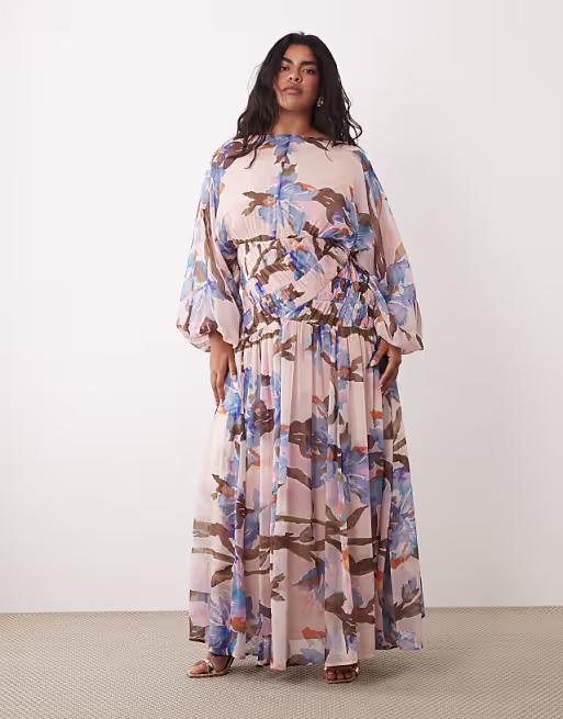 Curve long sleeve blouson maxi dress with gauged ruched waist detail in romantic floral print