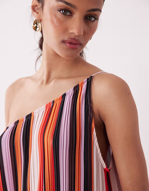 one shoulder plisses maxi dress in colorful stripe