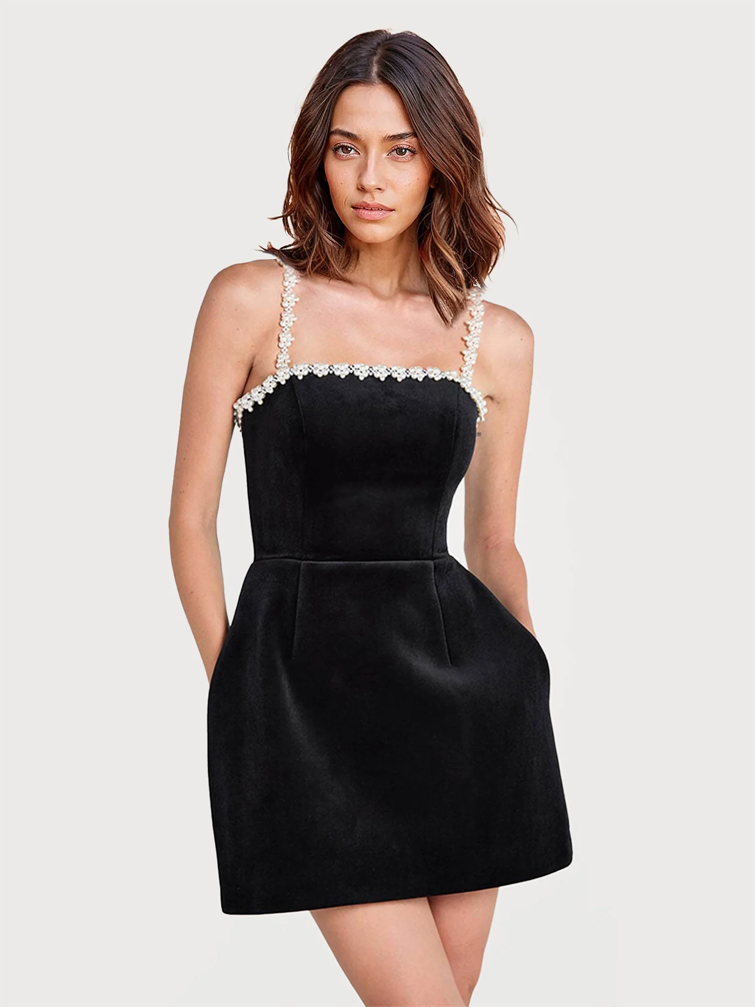 Velvet Mini Dress with Embellished Straps