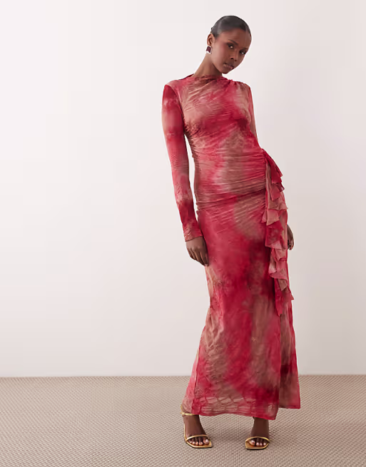 Daska frill long sleeve maxi dress in red print