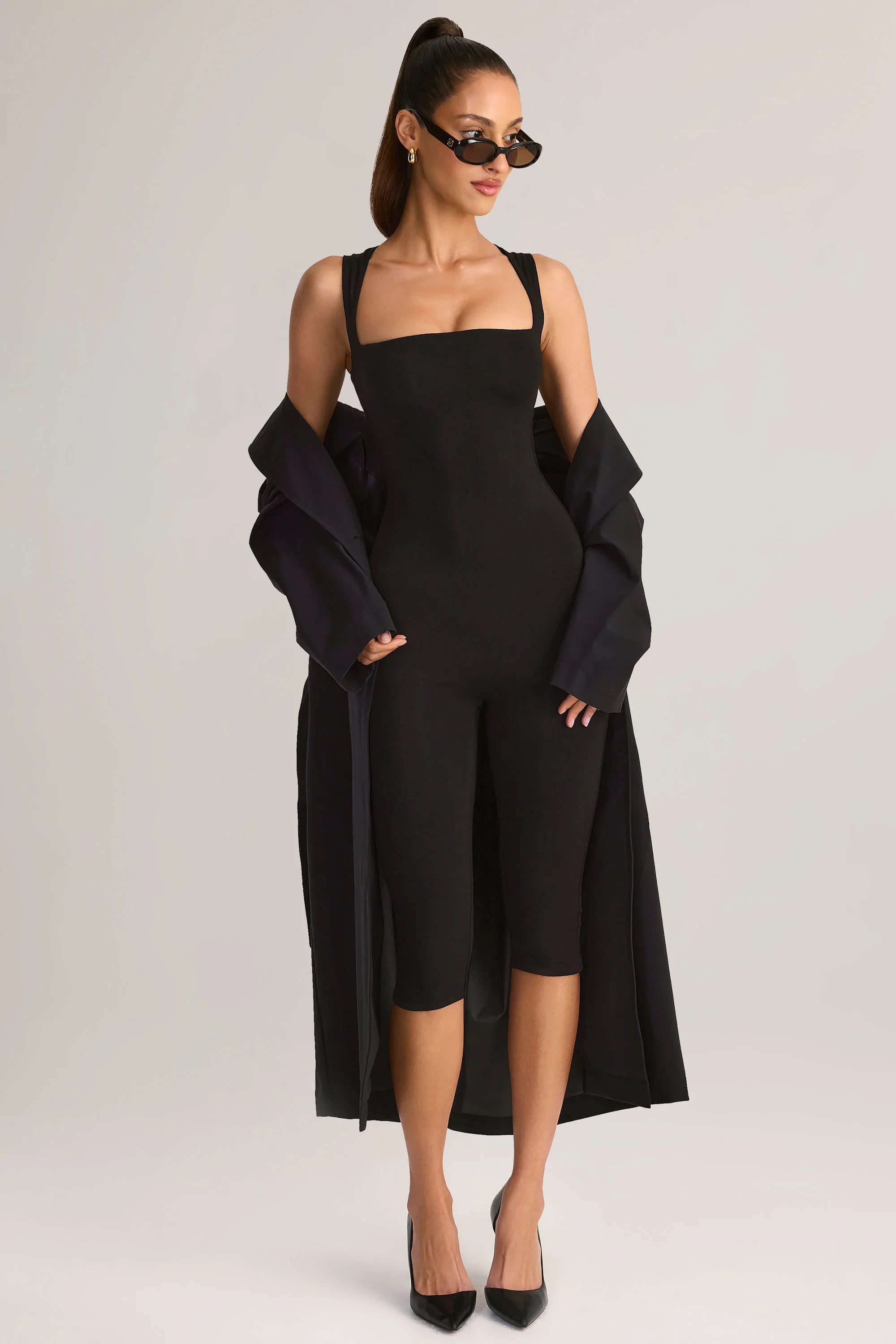 Modal Square-Neck Bodycon Capri Jumpsuit in Black