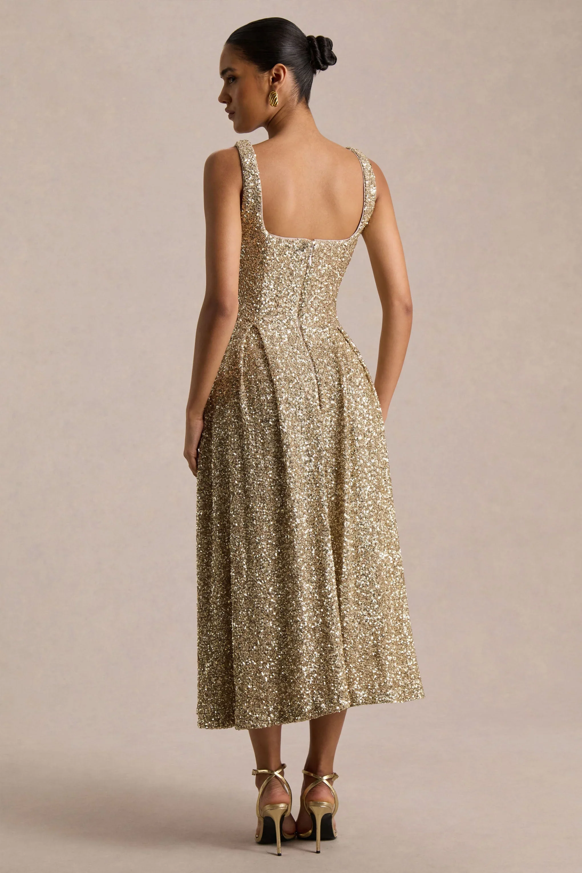 Lima | Champagne Sequin Square-Neck A-Line Midi Dress