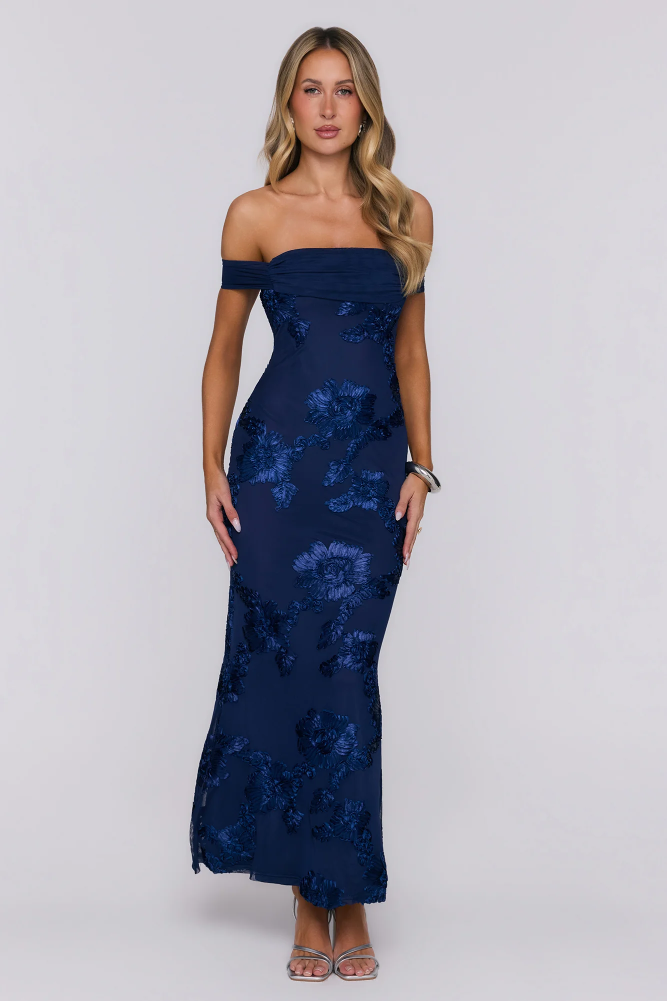 Lush Bloom Embroidered Off Shoulder Maxi Dress Navy
