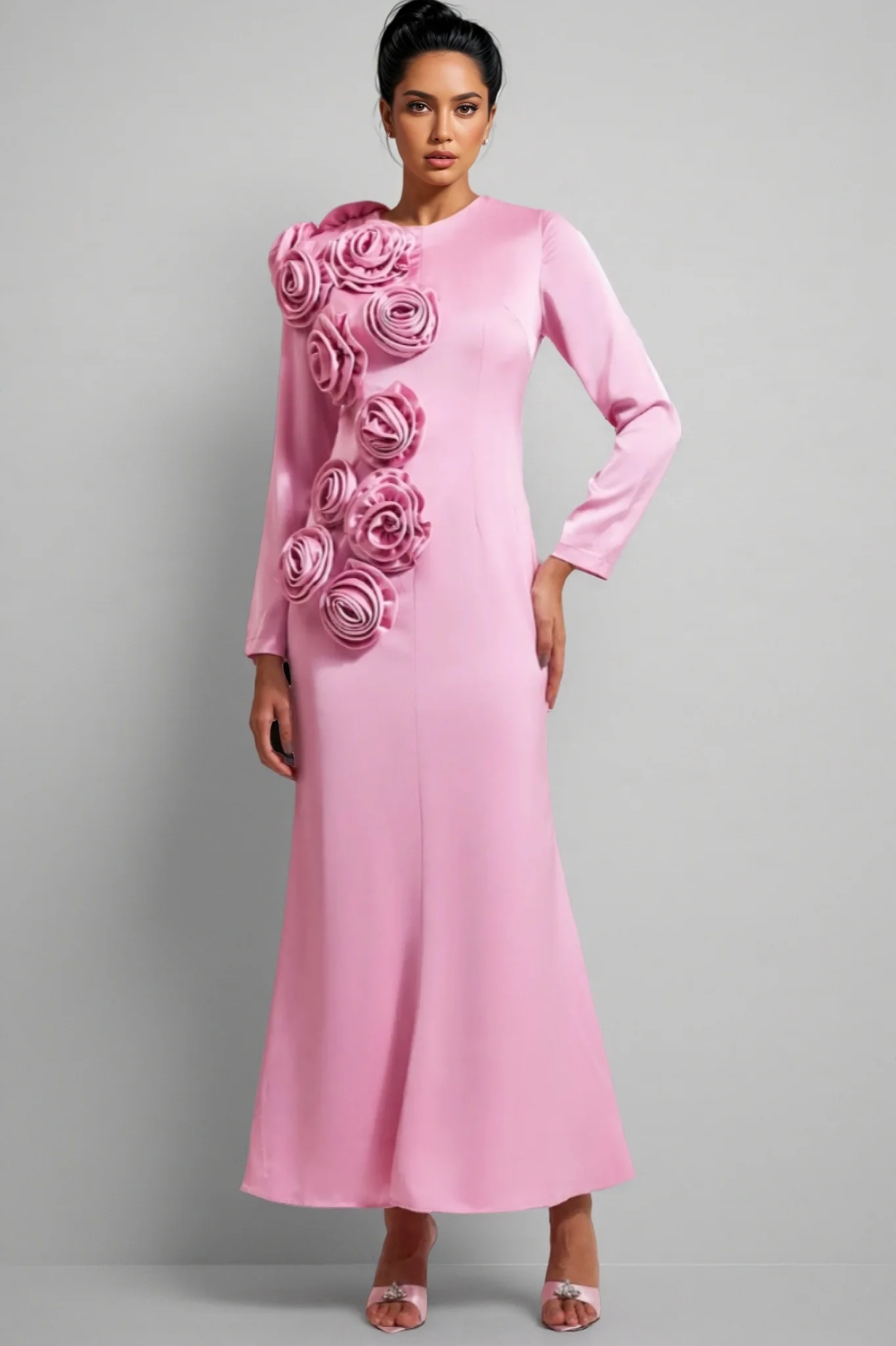 Samala 3D Floral Satin Maxi Dress