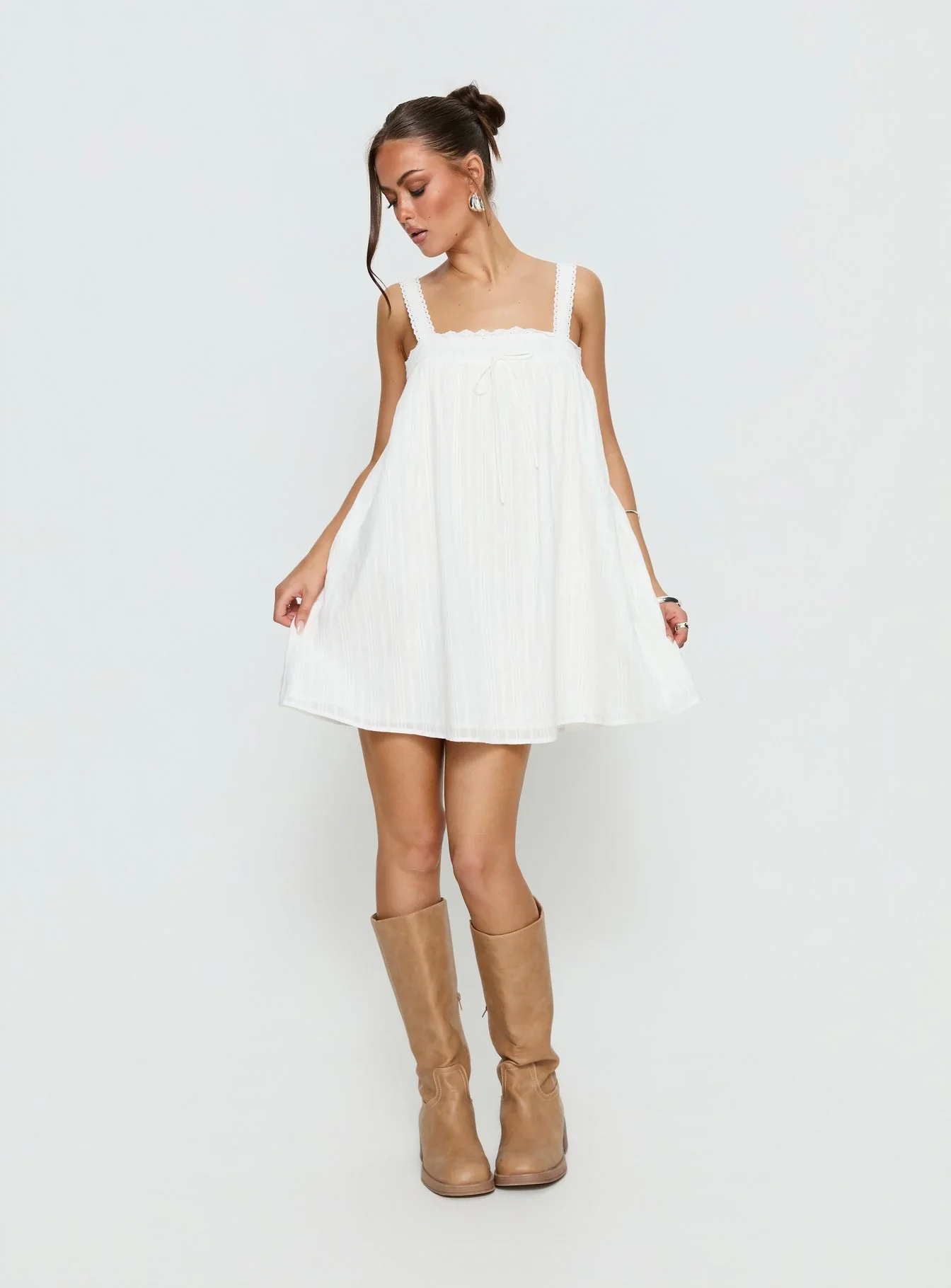 Reason To Stay Lace Trim Floaty Mini Dress White - luluinthesky