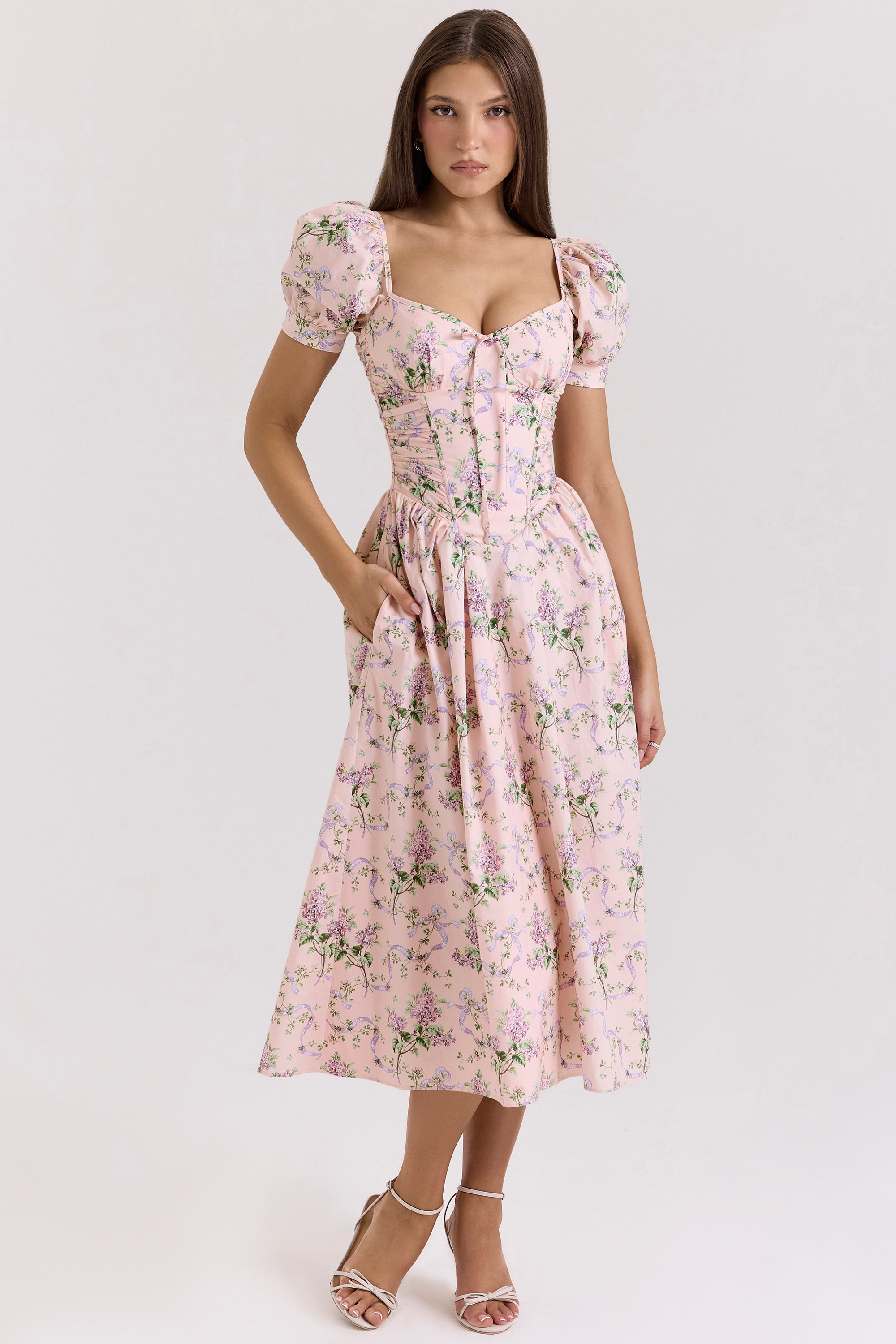 pink ribbon print cotton midi dress