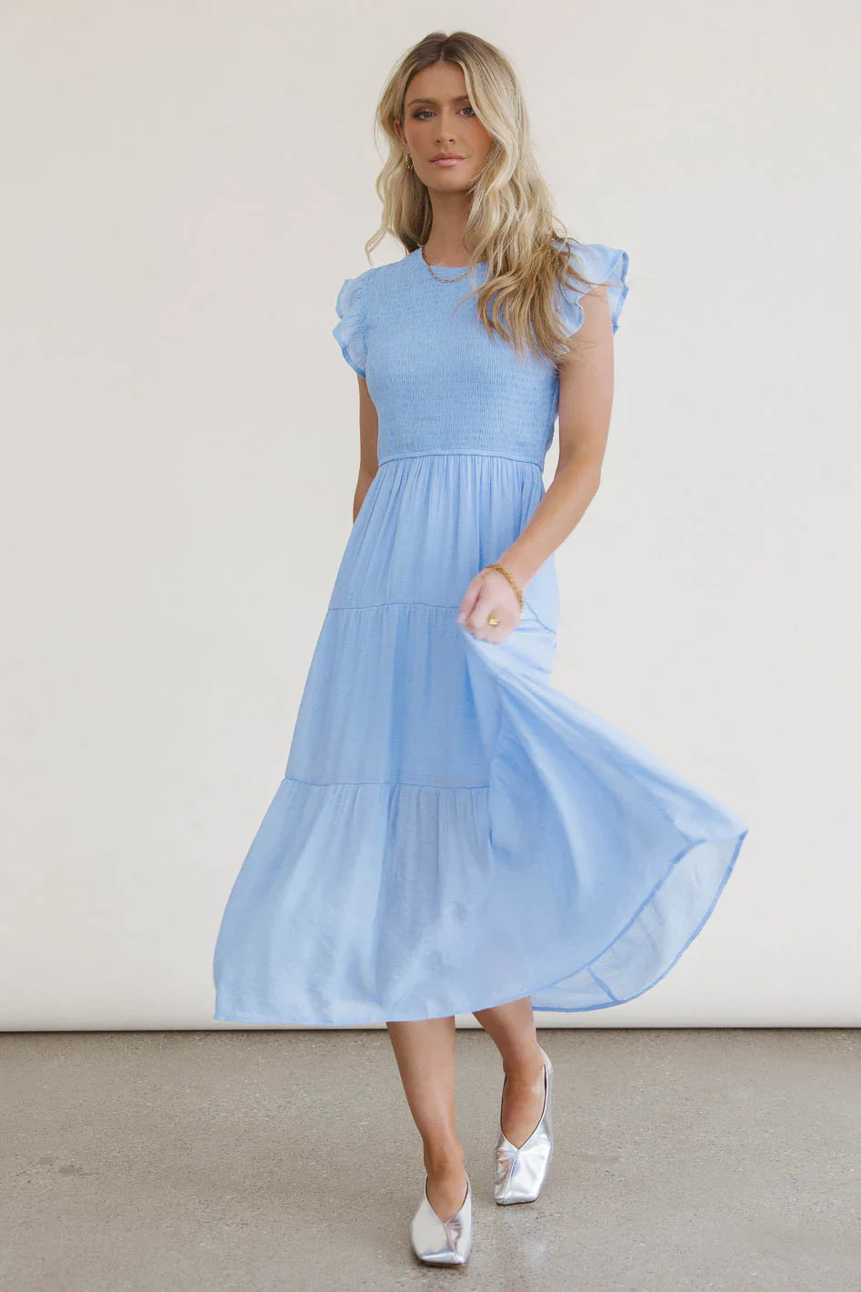 Cara Smocked Midi Dress in Blue