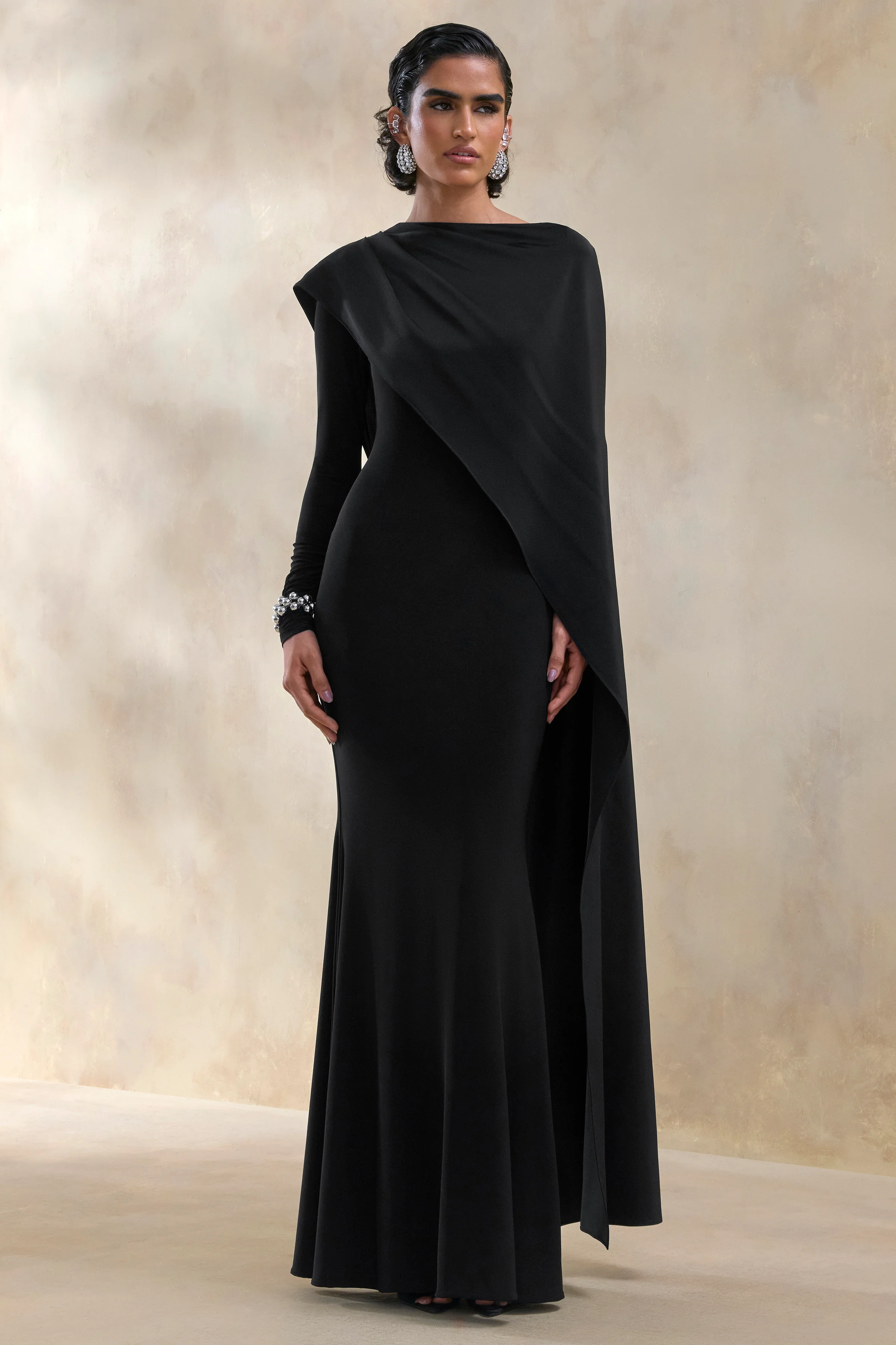 Salenne | Black Wide-Neck Maxi Dress With Satin Asymmetric-Cape