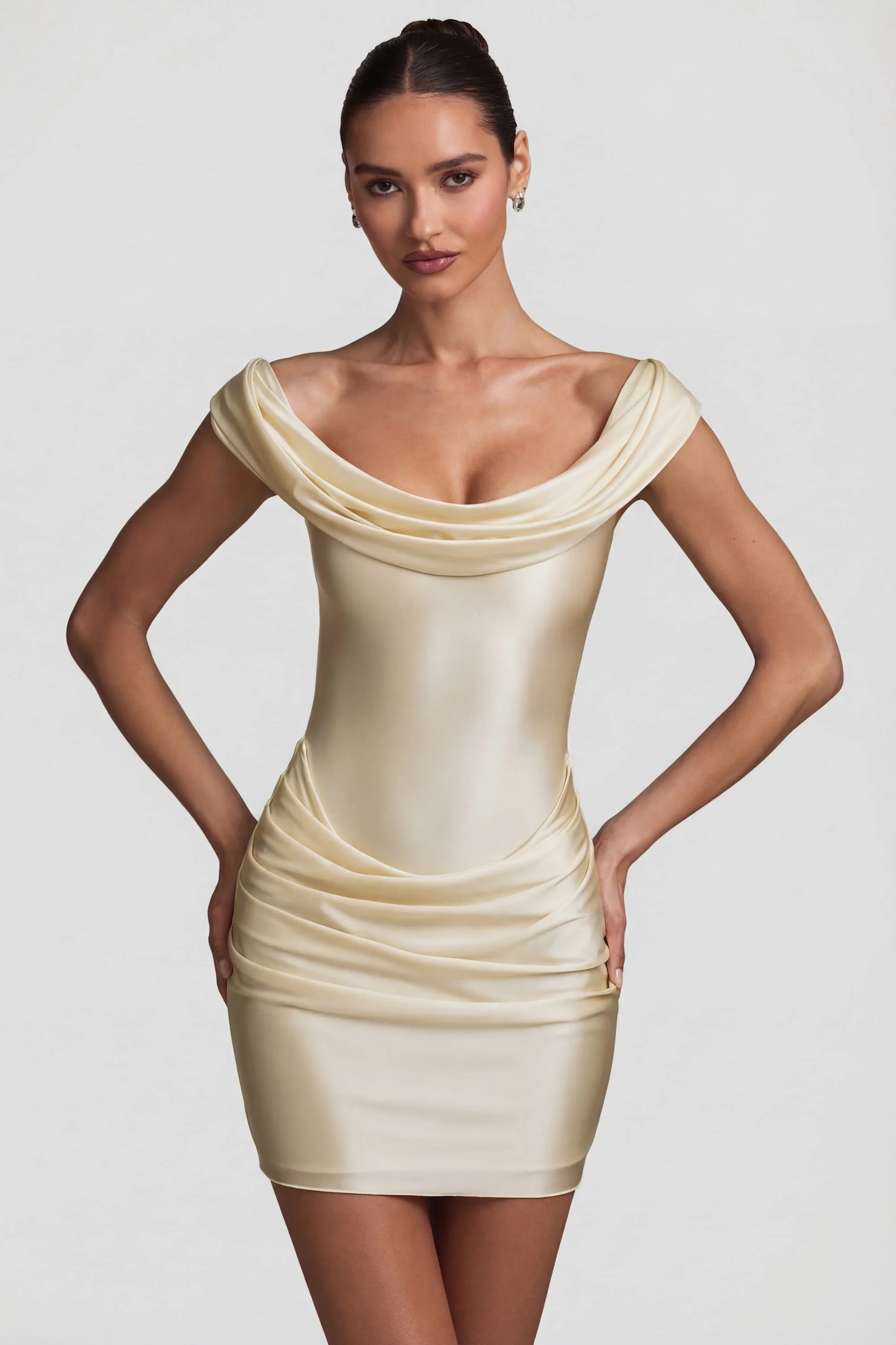 Satin Off-Shoulder Draped Mini Dress in Pearl
