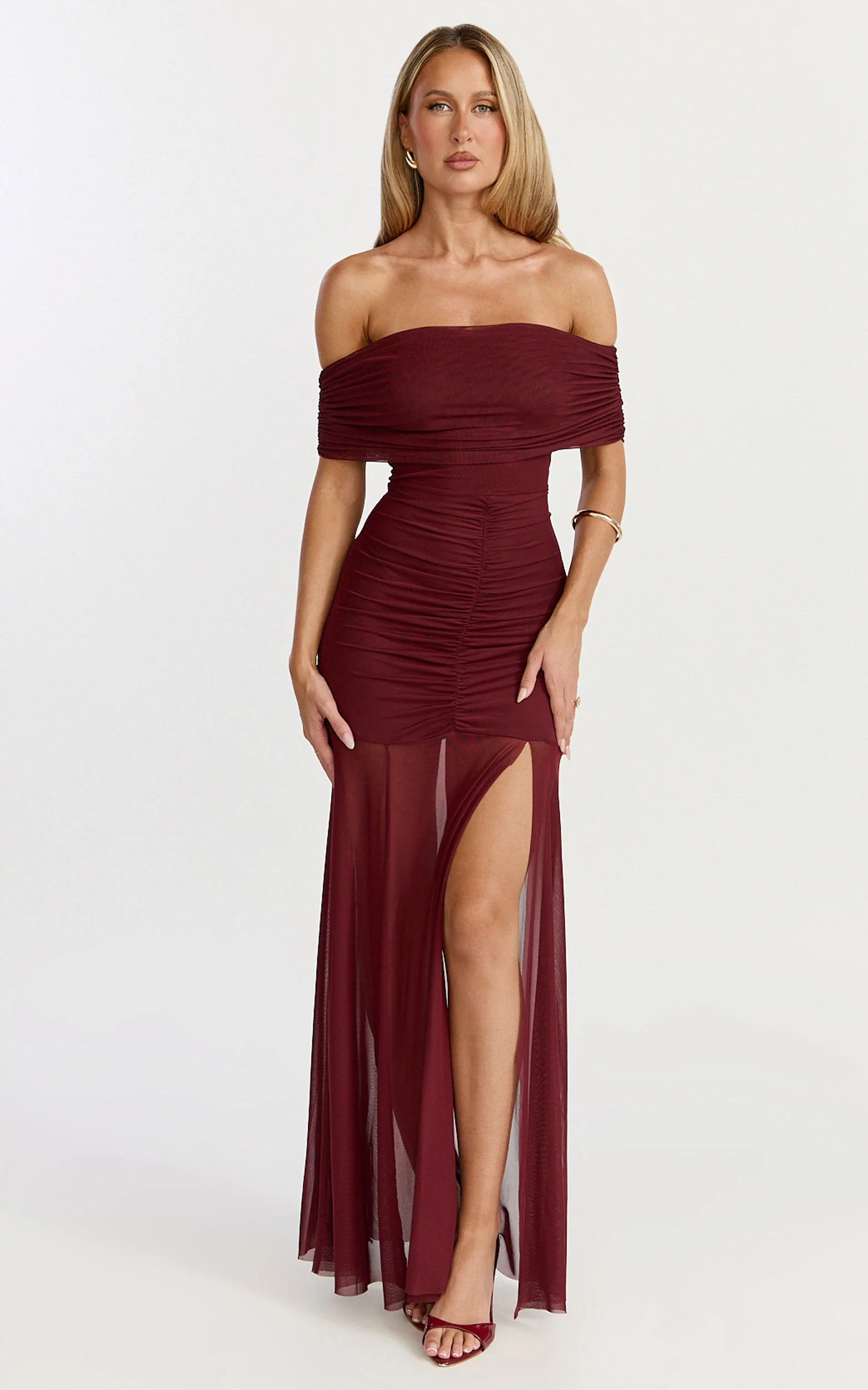 Alanna Maxi Dress - Off Shoulder Ruched Mesh Dress in Wine
