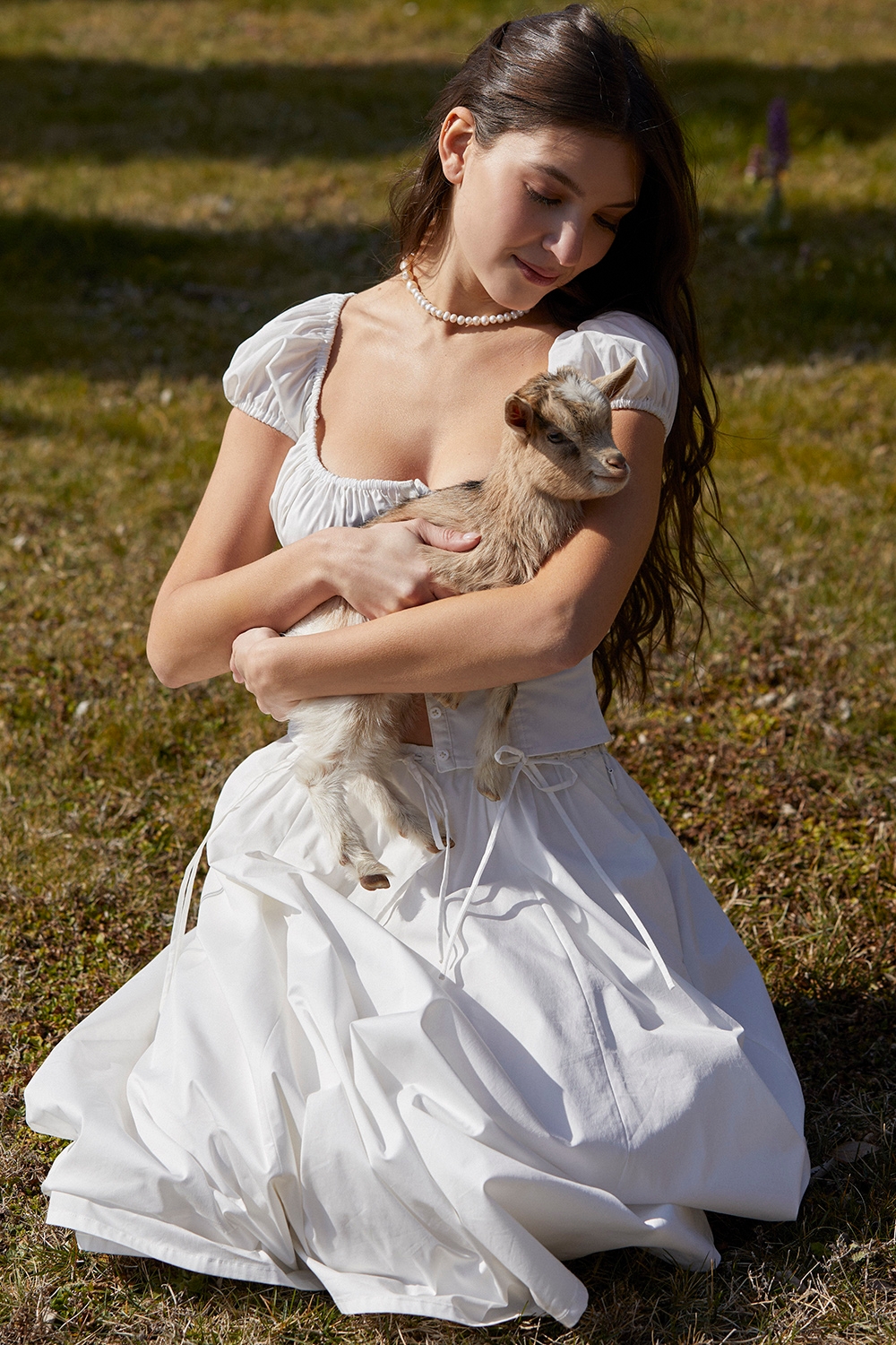 white gathered midi skirt