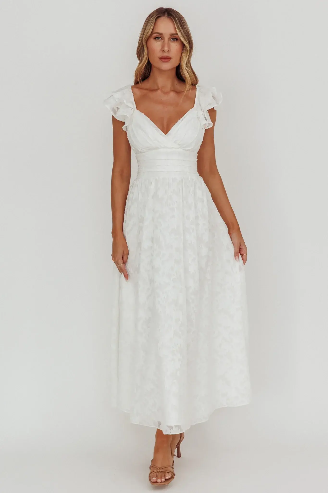 Lola Ruffle Shoulder Maxi Dress Textured White - luluinthesky